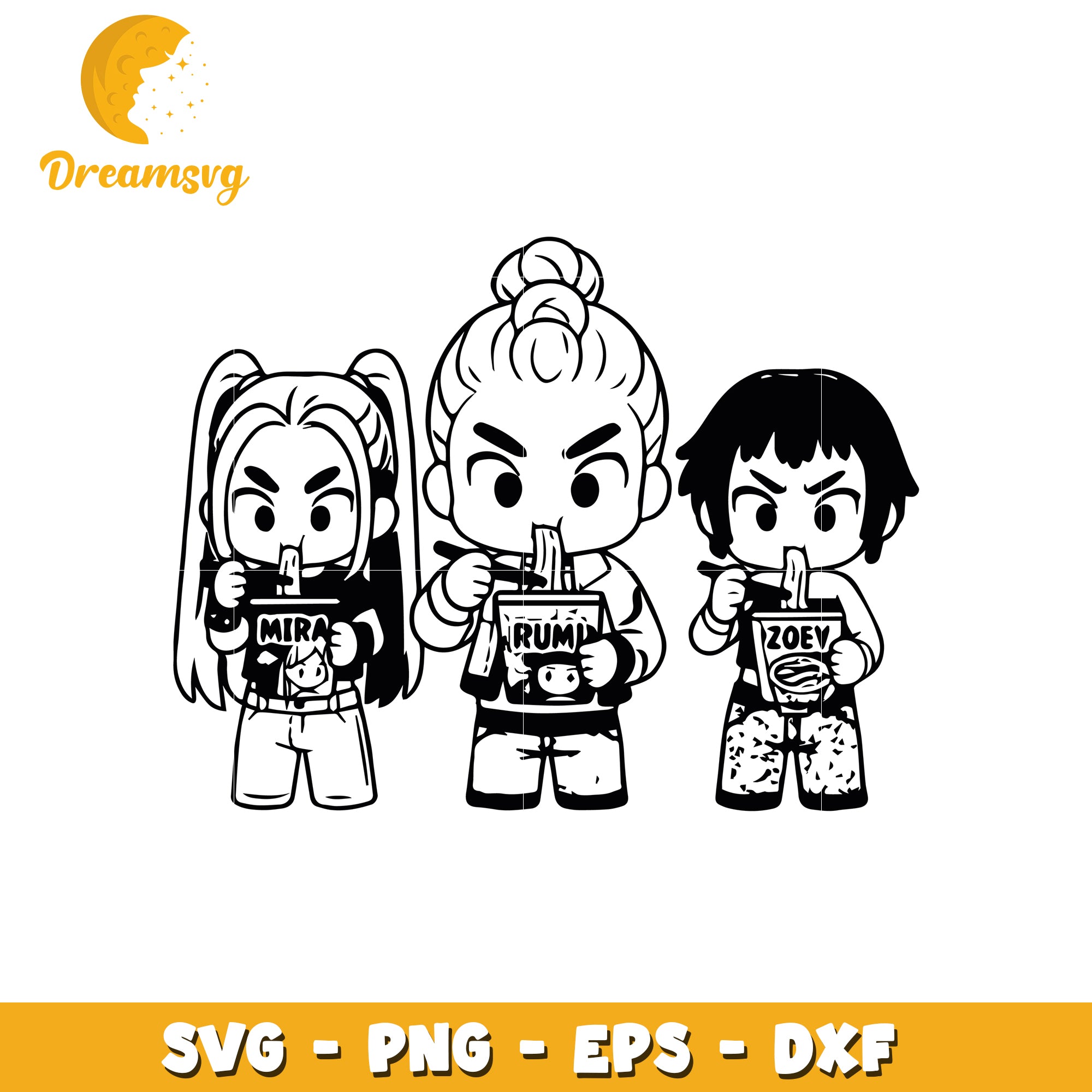 Chibi huntrix girls eating rameyeon svg, huntrix girls chibi svg