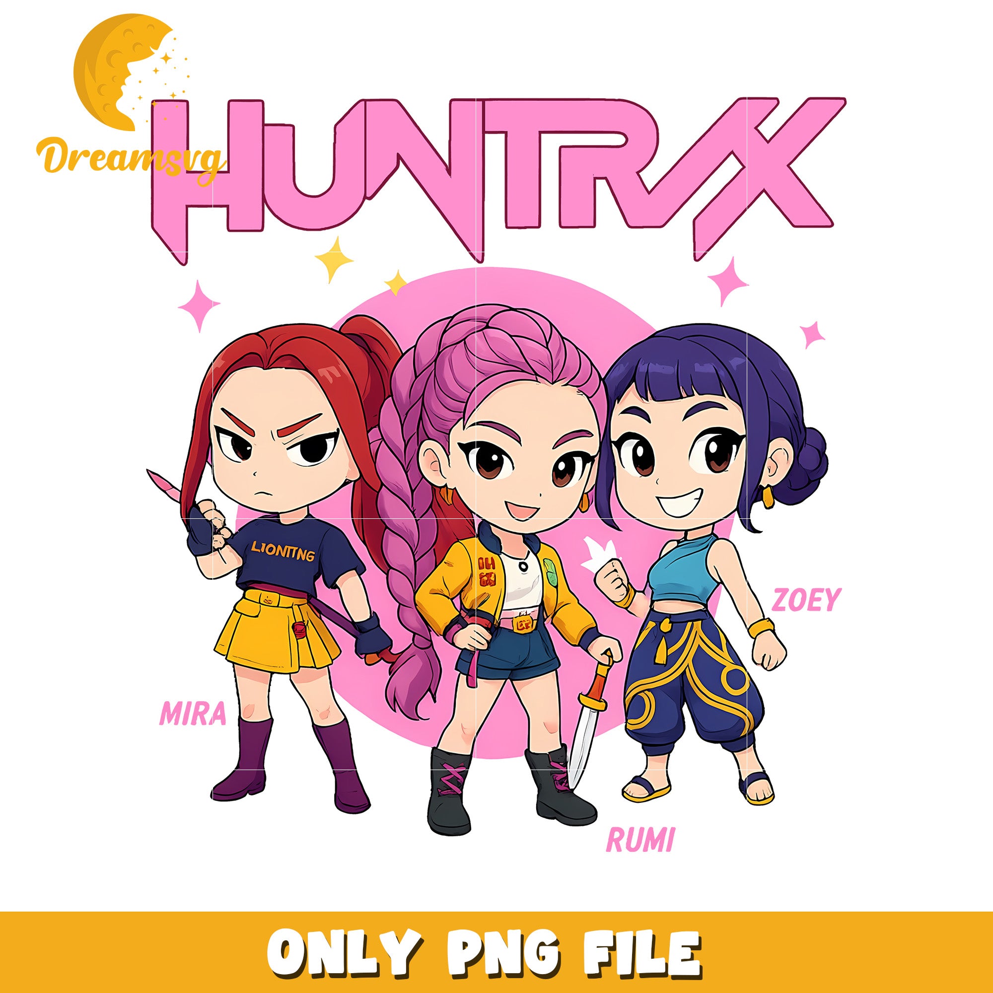 Huntrix chibi design png, huntrix png, kpop demon hunter png