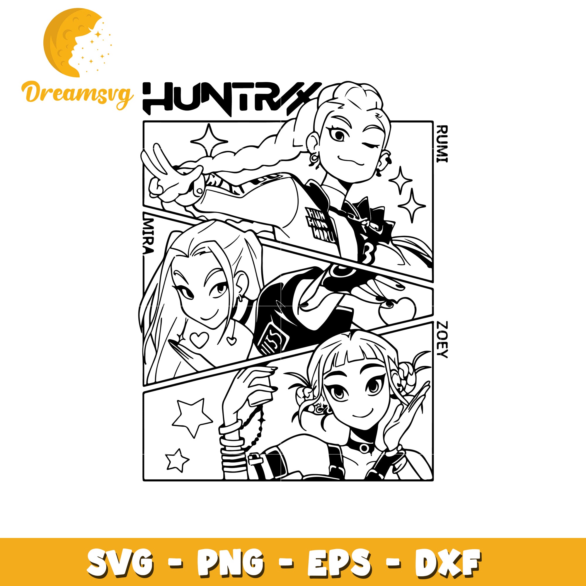 Huntrix members black svg, huntrix demon hunter svg, kpop cartoon svg