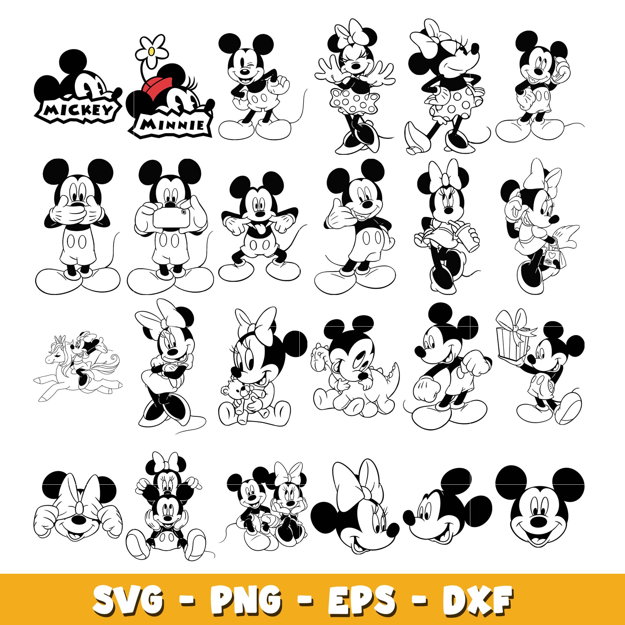 Mickey And Minnie Coloring Bundle Svg, Disney Cartoon Svg, Digital Dow 