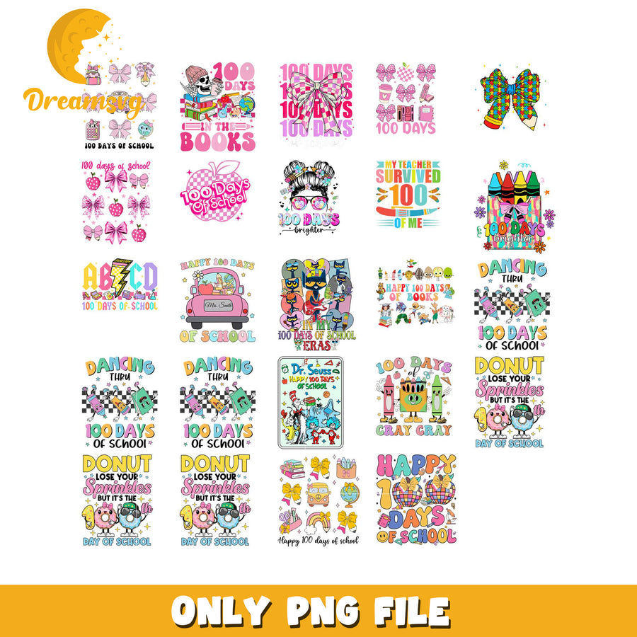 100 Days of School Bundle PNG Fun Designs for Celebration