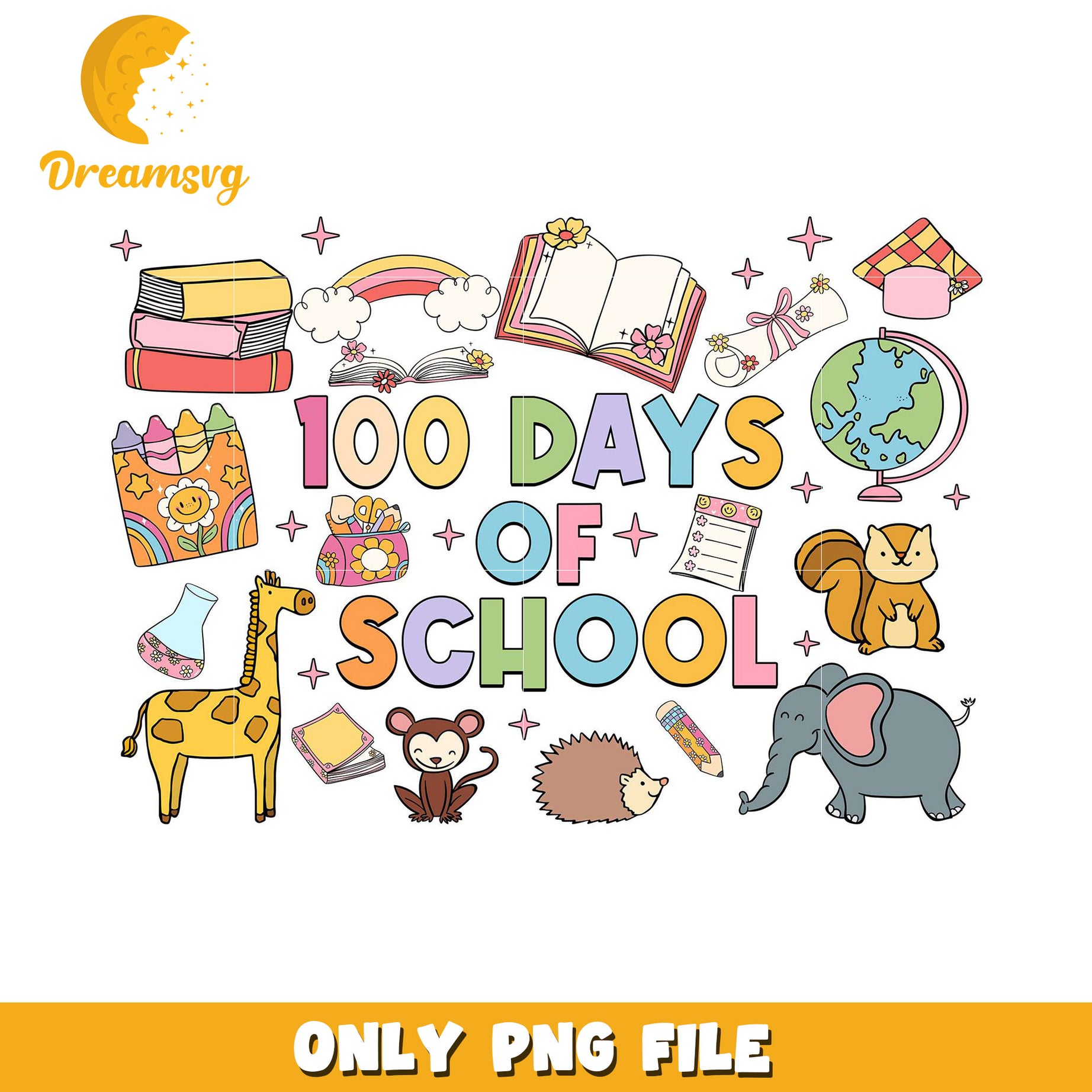 100 Days of School Colorful Illustrations PNG Design