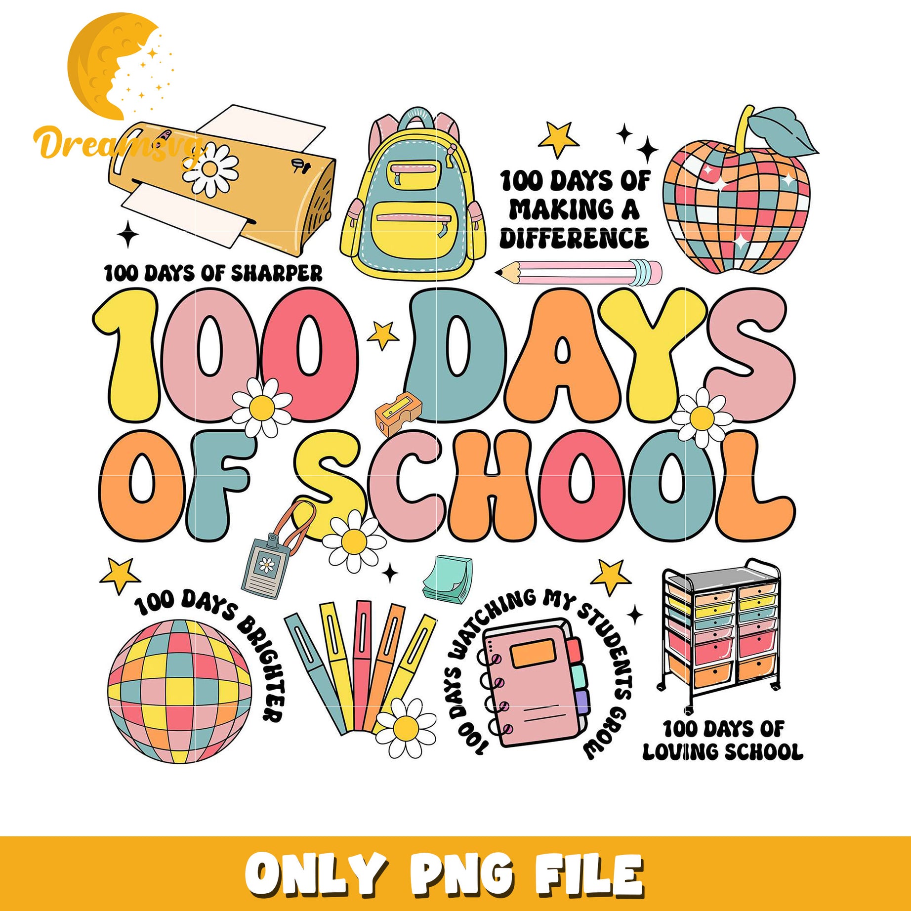 100 Days of School Colorful PNG Design for Teachers