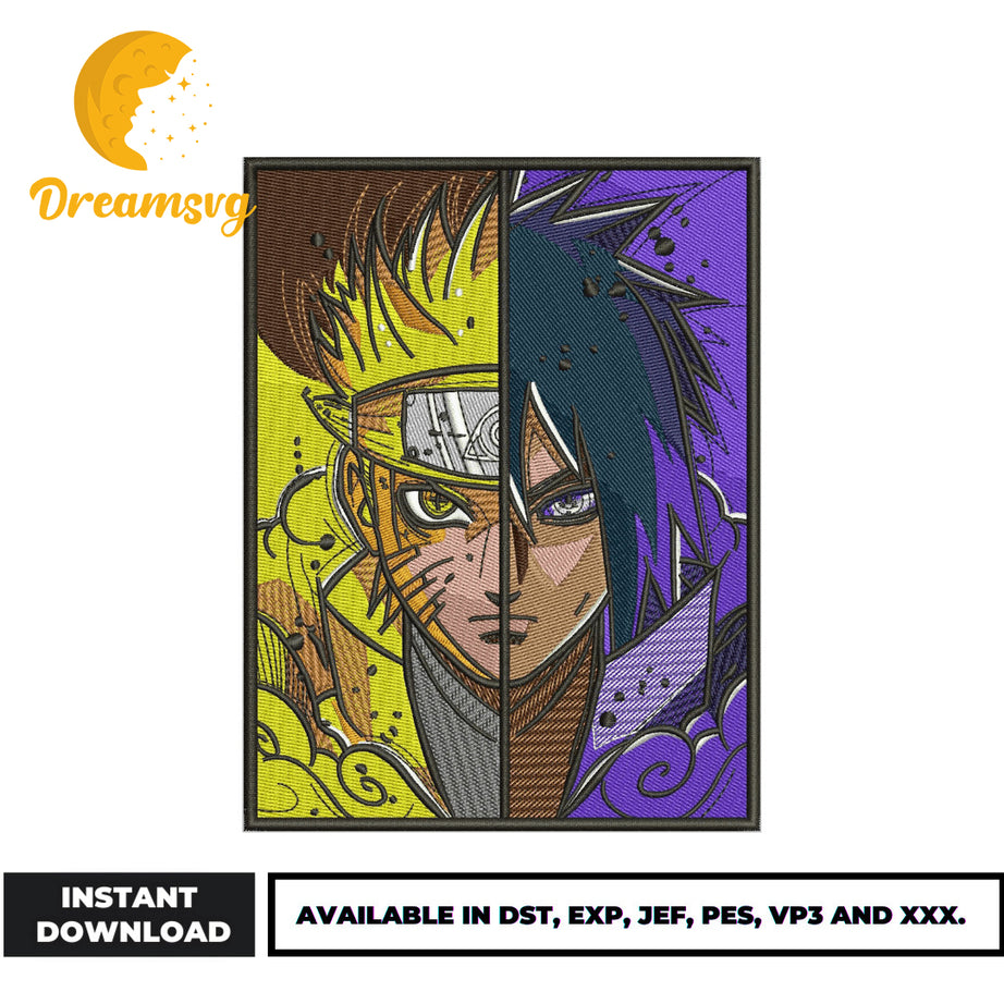 Naruto and sasuke half face embroidery design