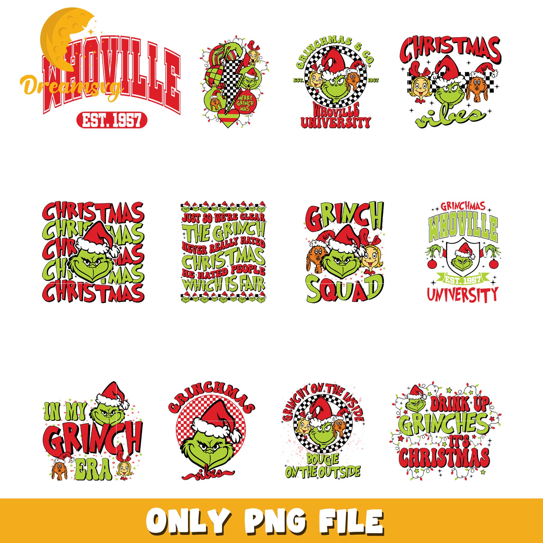 Grinch face christmas bundle png, grinch santa hat png, grinchmas​ png