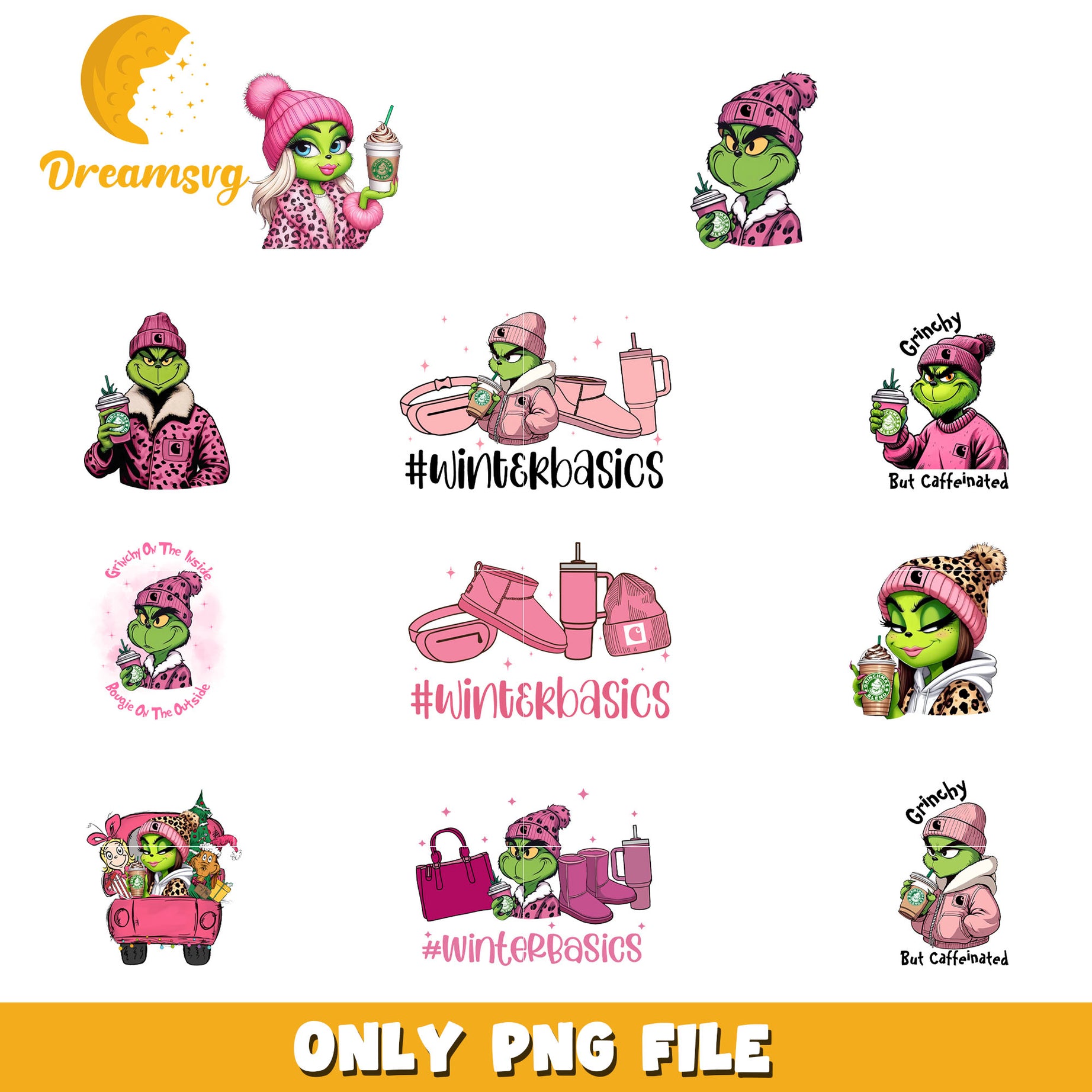 Pink grinchy leopard christmas bundle png, starbucks grinch cup​ png