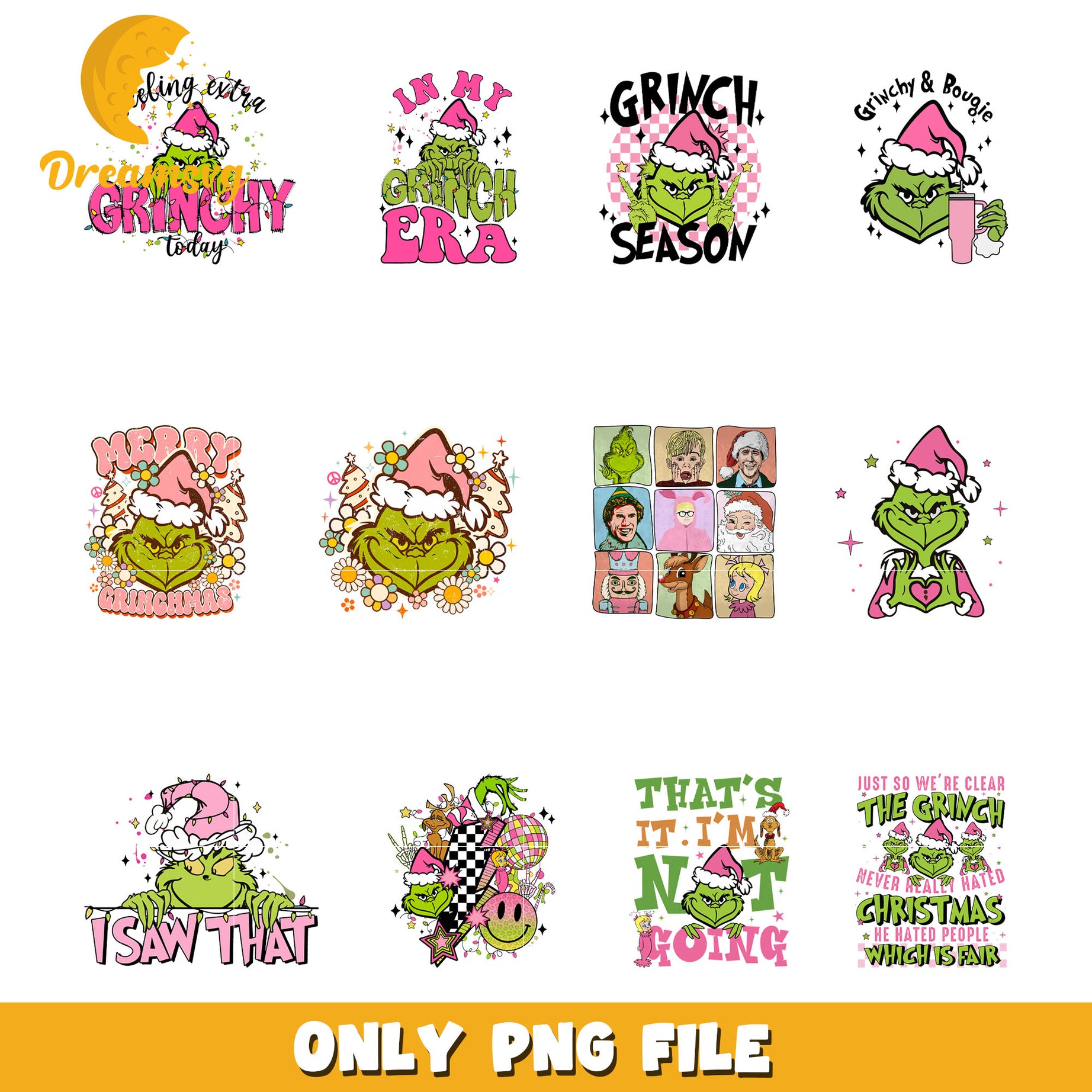 Pink merry grinchmas design bundle png, grinch smile face png, grinch face png