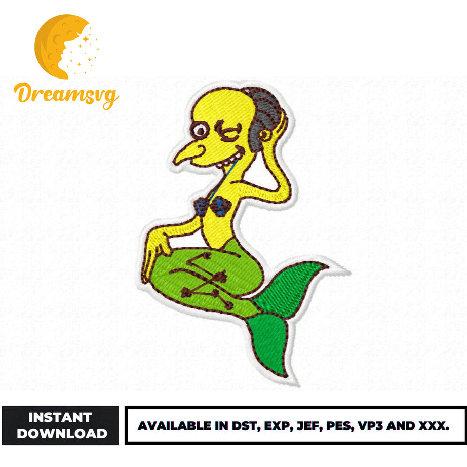 Mr. Burns Mermaid embroidery design, cartoon embroidery