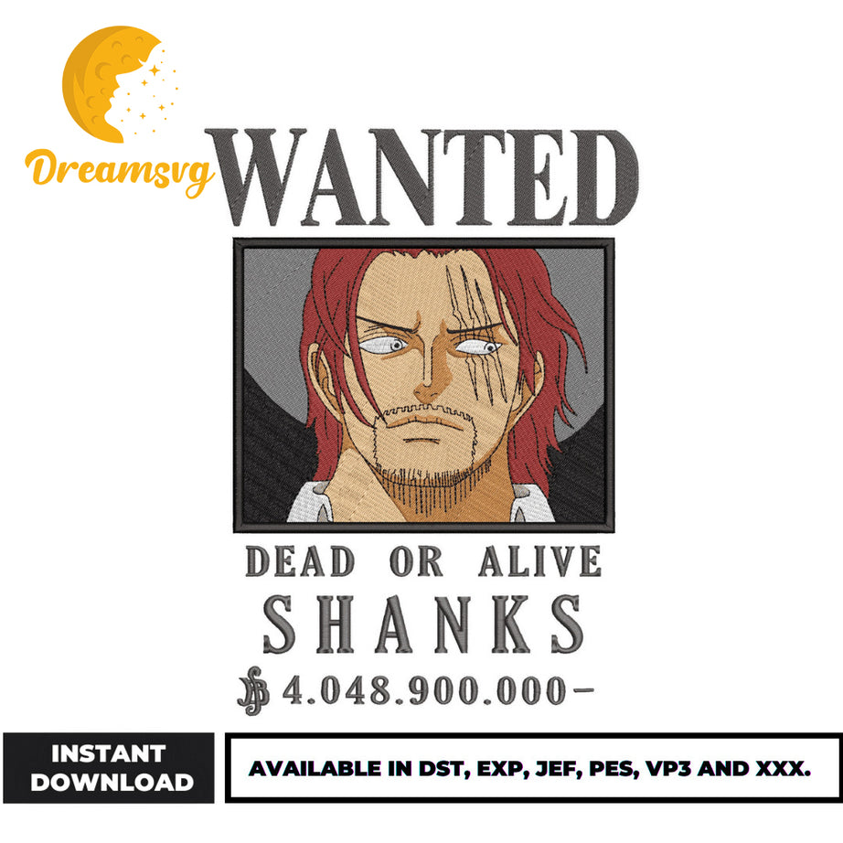 Wanted Shanks embroidery design, one piece embroidery