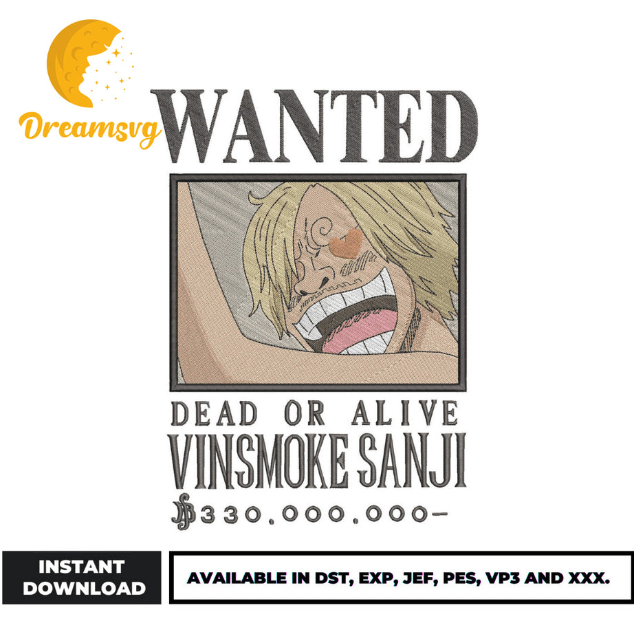 Wanted Vinsmoke Sanji embroidery design, one piece embroidery