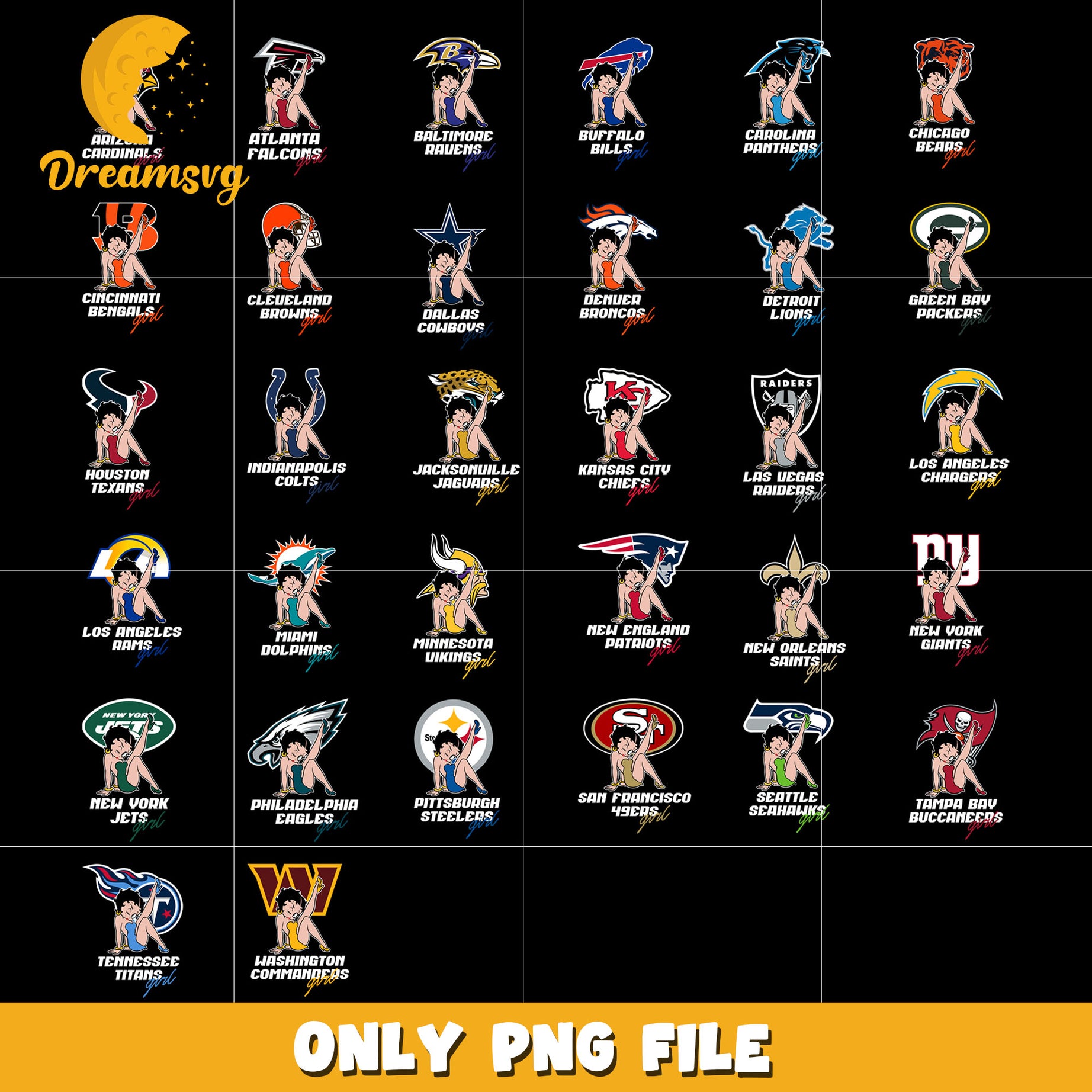 Nfl teams Betty Boop bundle png, nfl logo png, nfl png