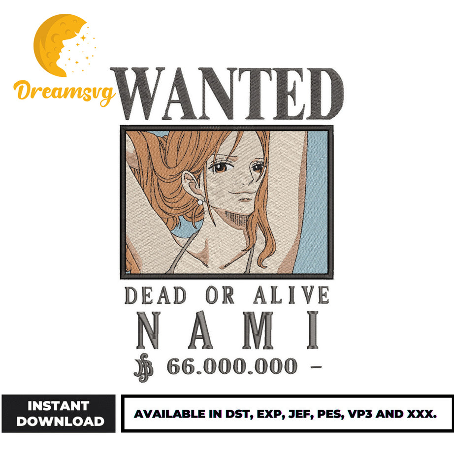 Wanted Nami embroidery design, One Piece embroidery