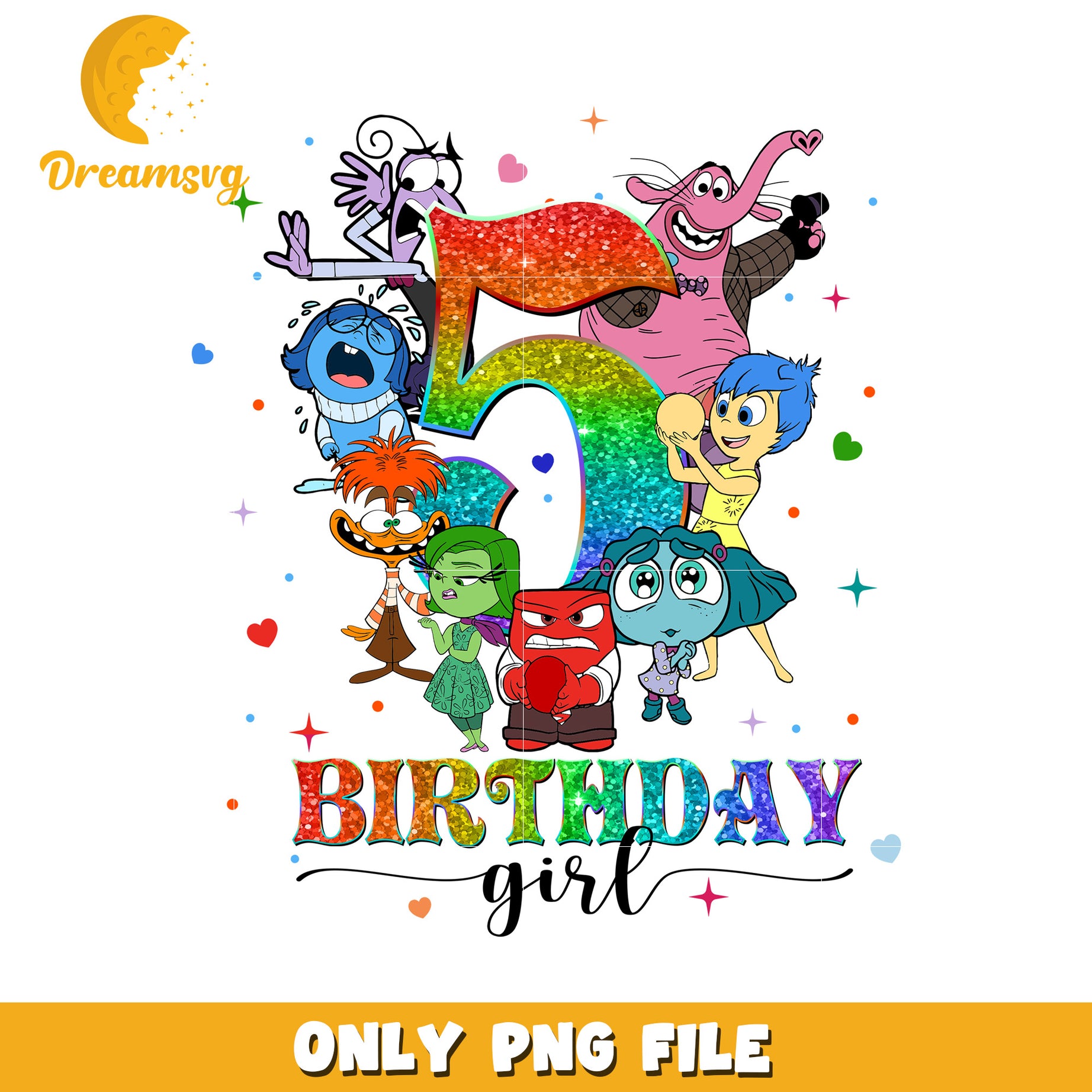 5th Birthday Girl PNG File with Joyful Characters Design