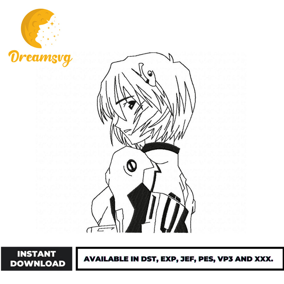 Rei Ayanami black white embroidery design