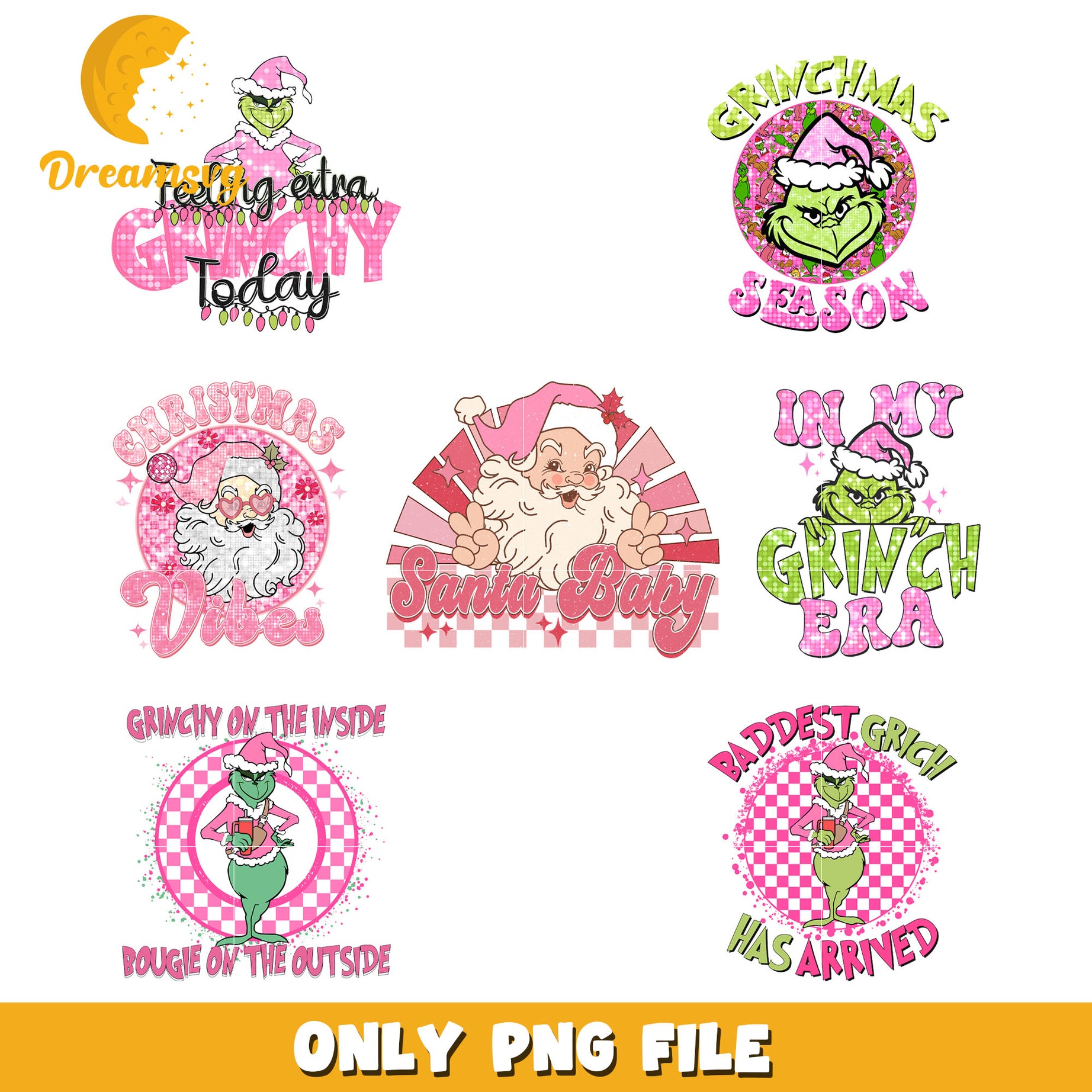 Pink grinchmas seasion design bundle png, christmas vibes png