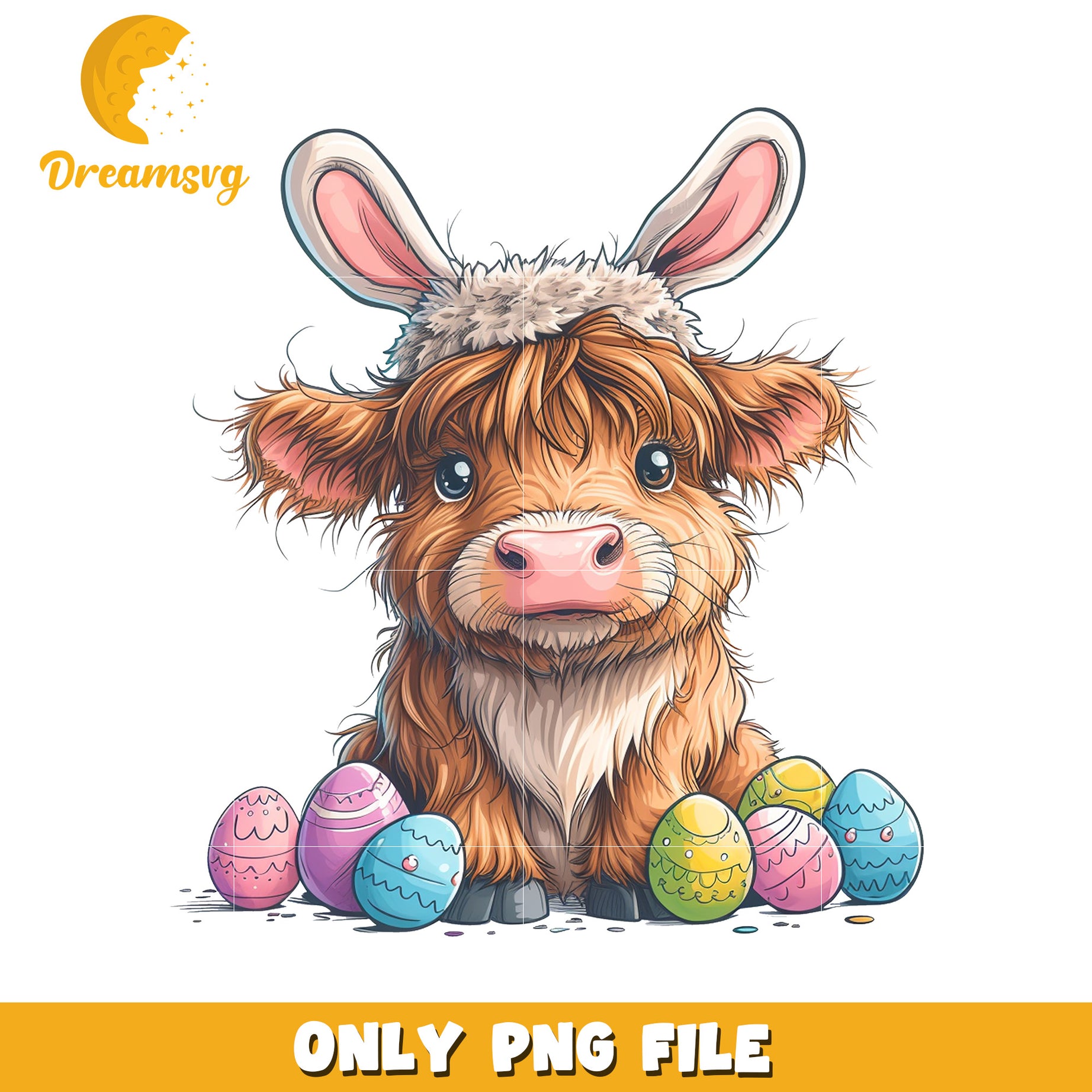 Adorable Cow with Bunny Ears and Colorful Easter Eggs PNG