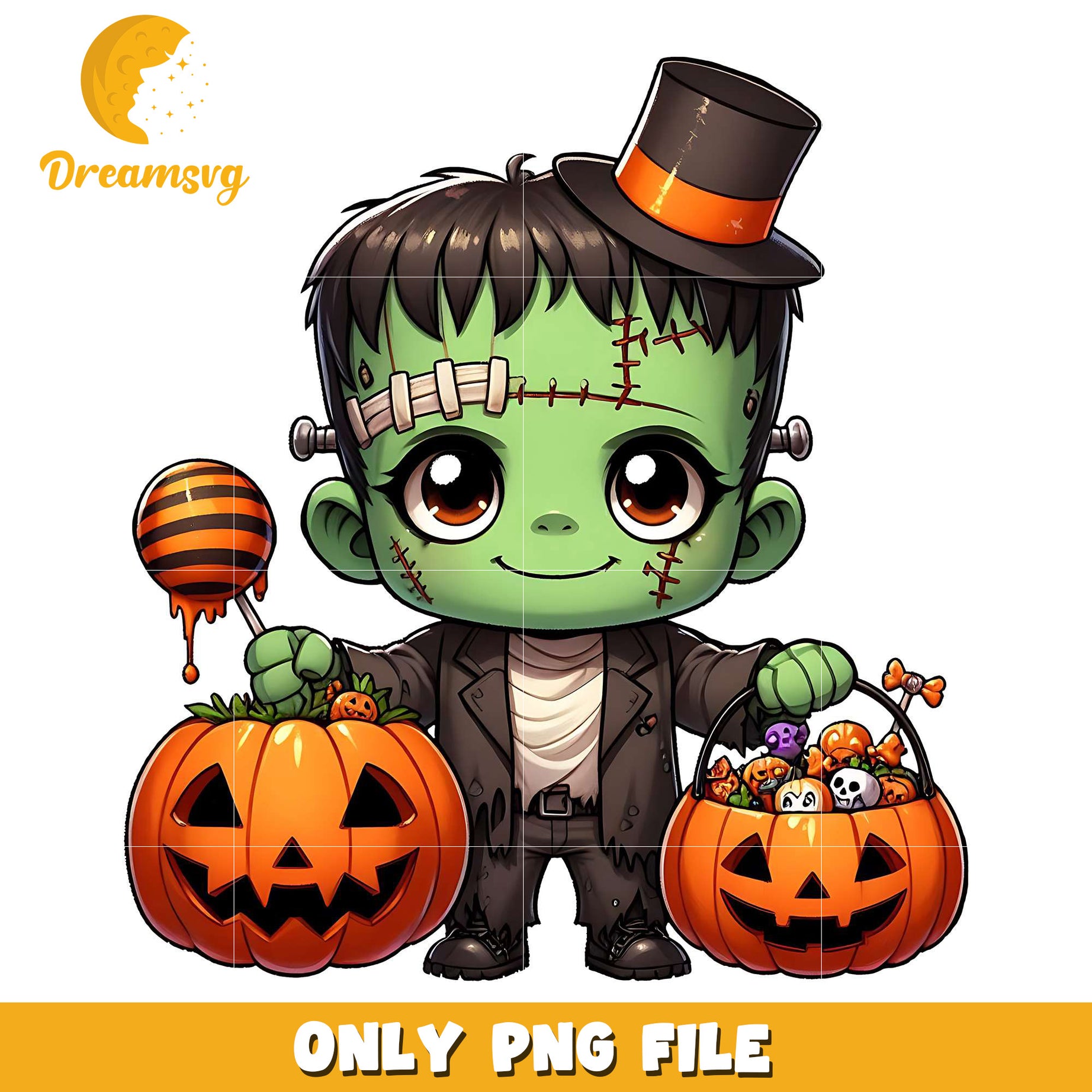 Adorable frankenstain png, trick oe treat png, halloween era png