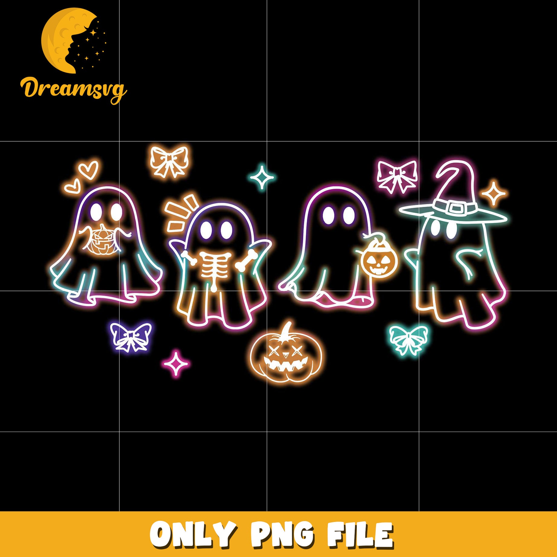 Adorable ghosts neon png, spooky season​ png, halloween pumpkin png