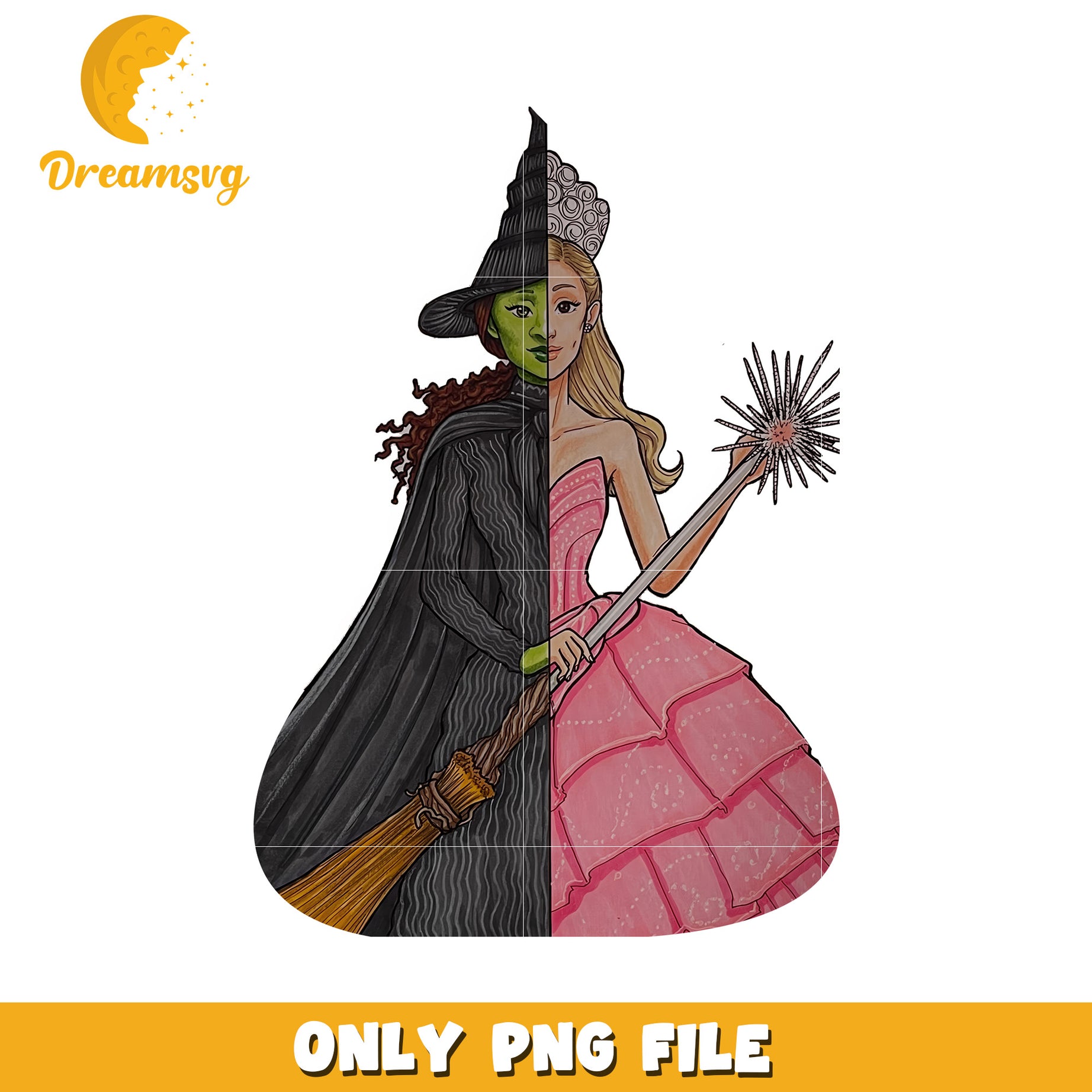 A half elphaba and glinda png, wicked musical split face png, broadway witches png