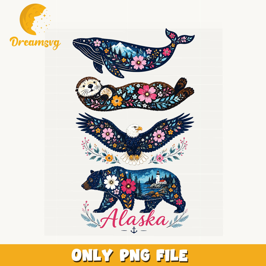 Alaska Floral Animals PNG, Whale Otter Eagle Bear, Alaska Wildlife PNG