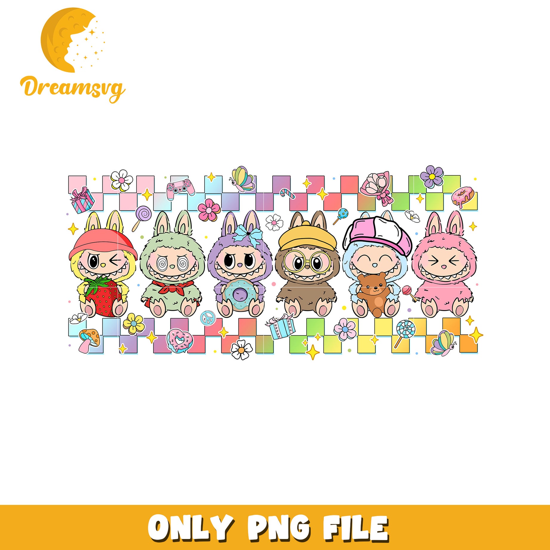 All colorful labubu characters png, popmart usa png, labubu keychain​ png