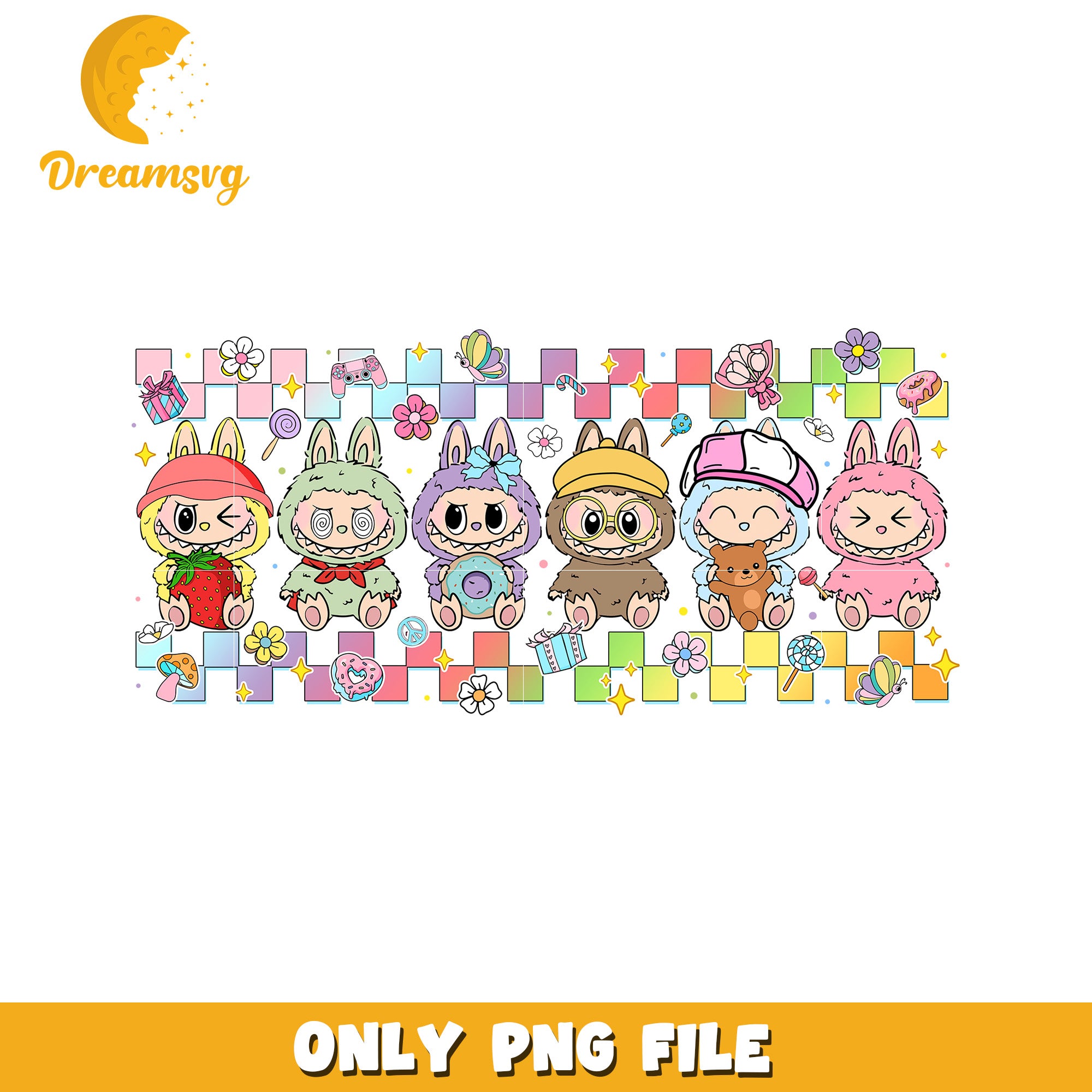 All colorful labubu characters png, popmart usa png, labubu keychain p ...