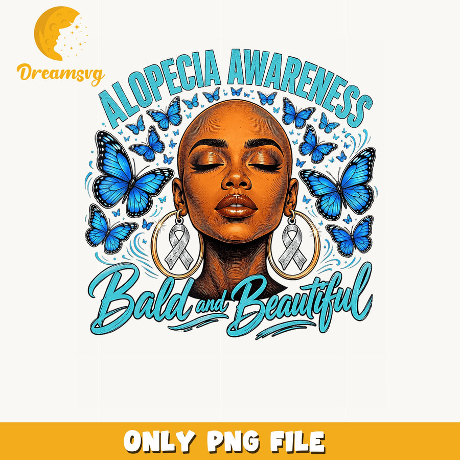 Alopecia Awareness Bald And Beautiful PNG, Black Woman, Butterfly PNG