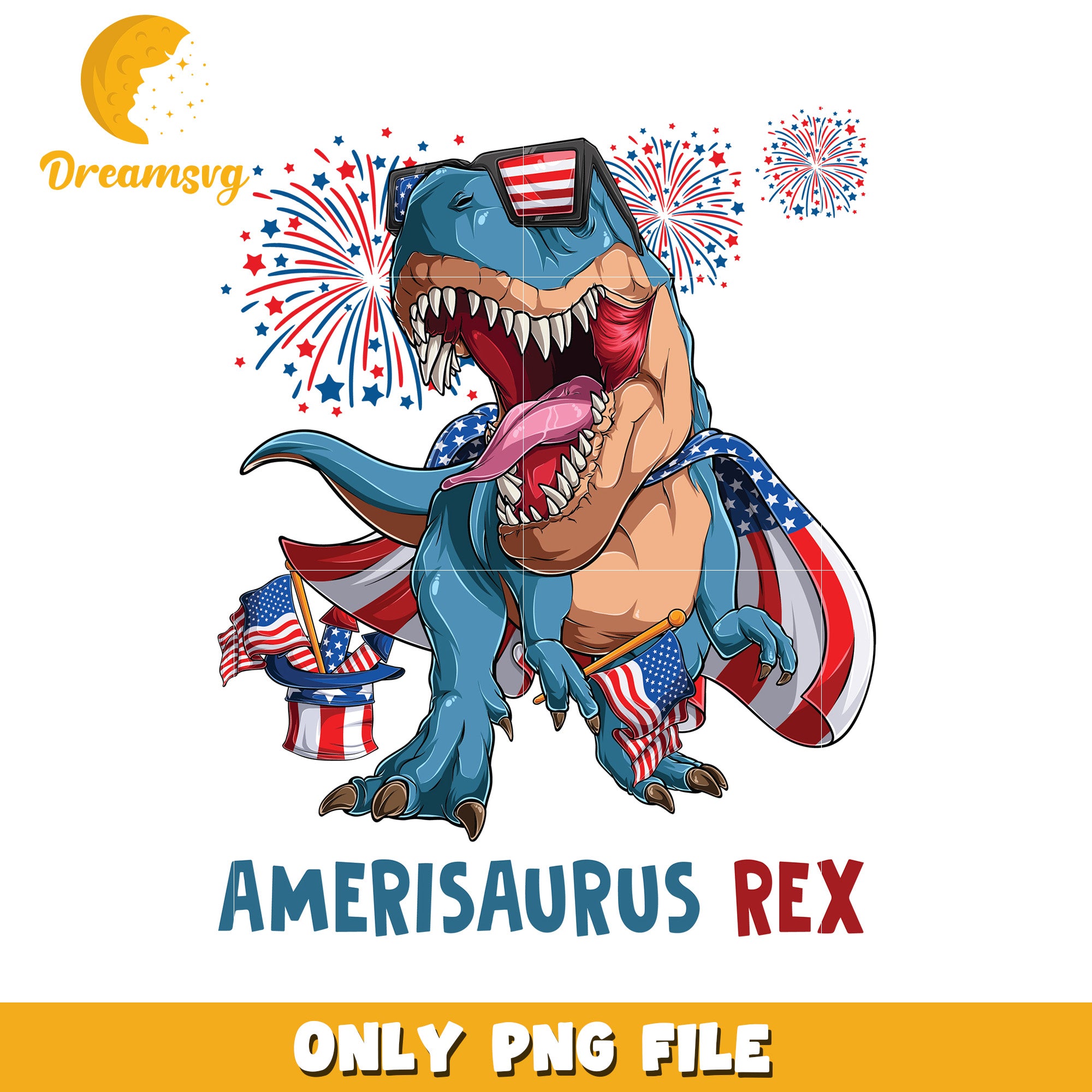 Amerisaurus rex png, patriotic dinosaur png, funny usa dino png, red white and blue roar png