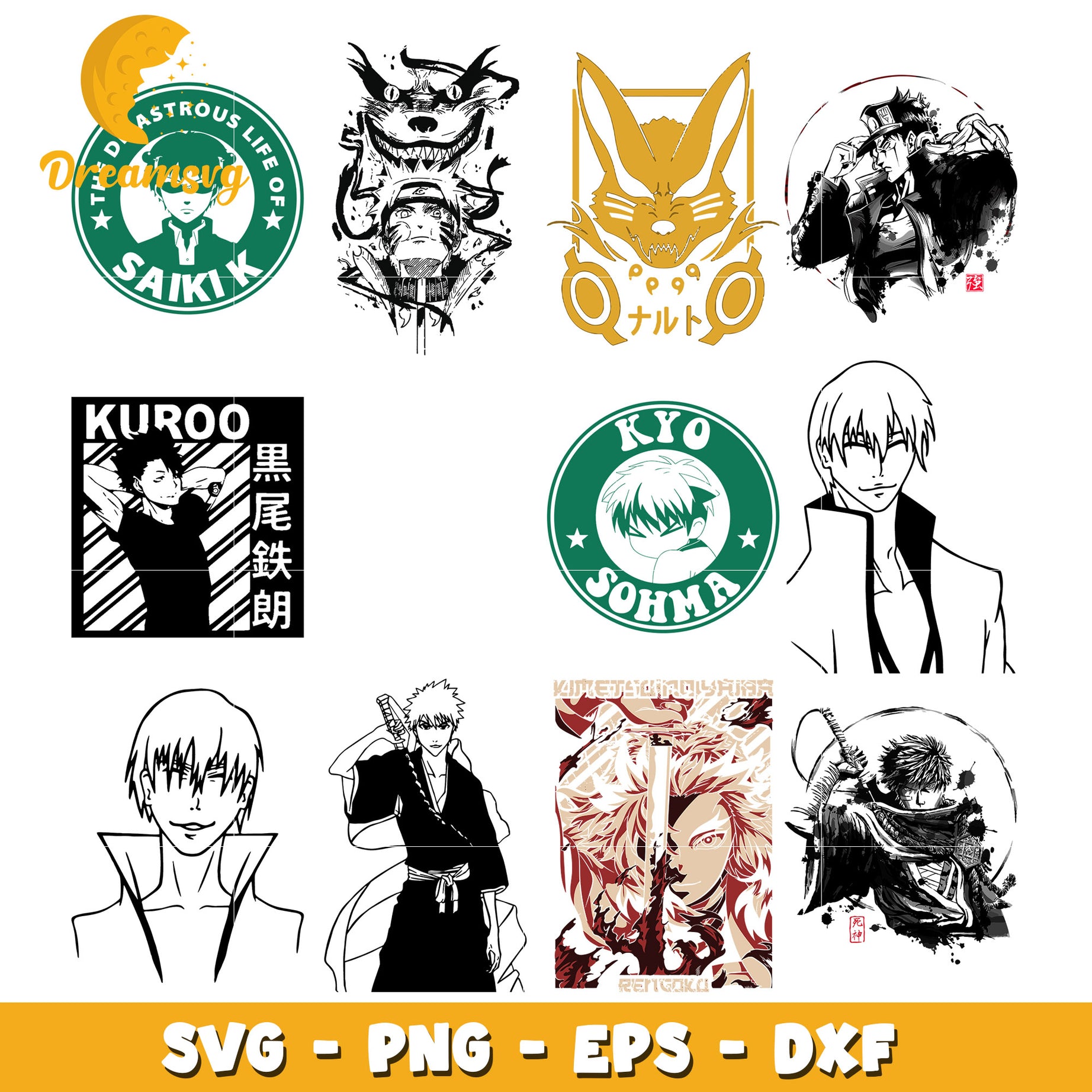 Naruto face and kurama bundle design svg, bleach anime​ svg