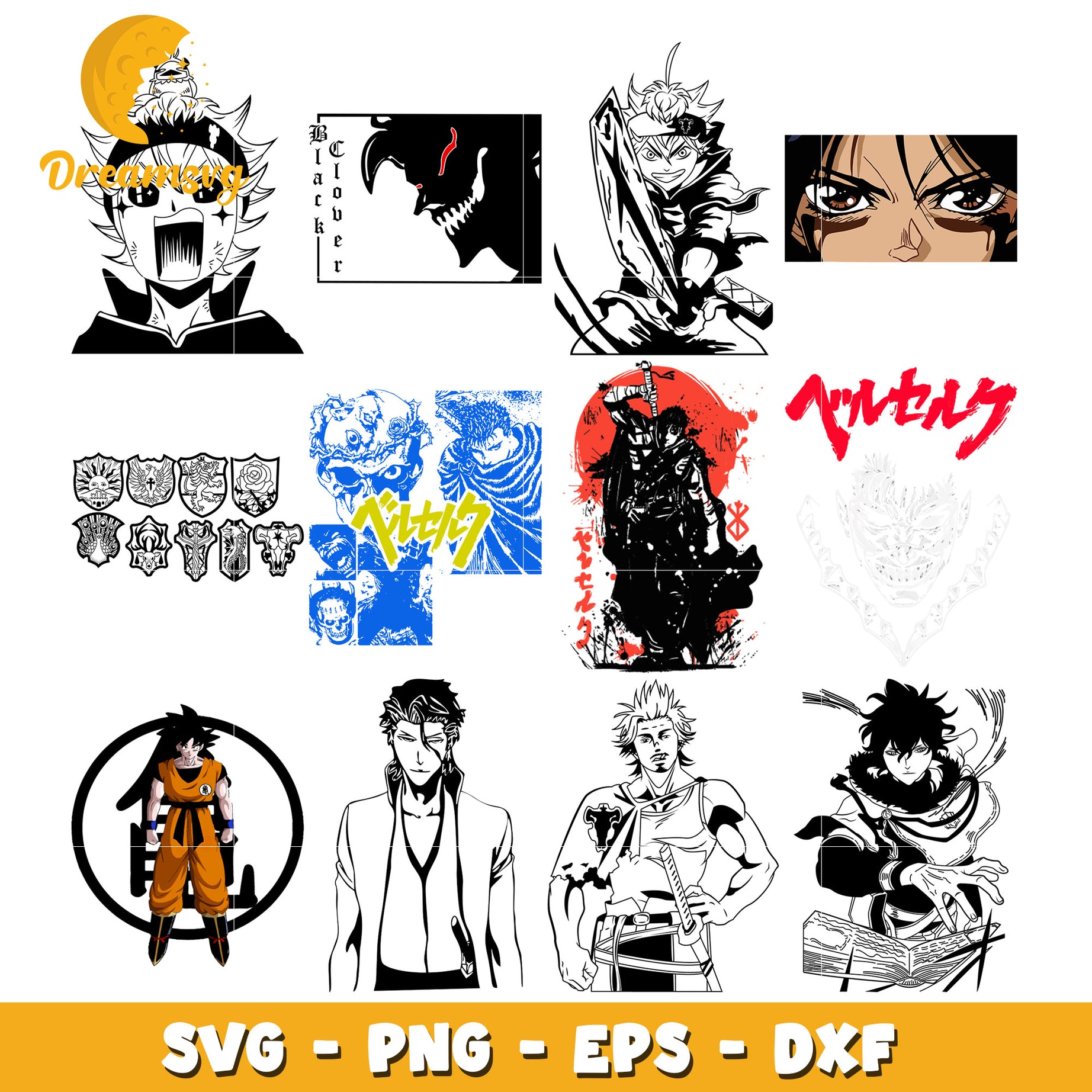 Black clover characters black white bundle svg, goku svg​