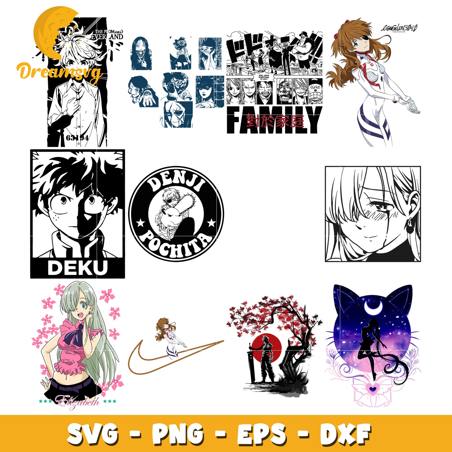 Denji and pochita logo bundle svg, deku anime​ svg, elizabeth lions​ svg