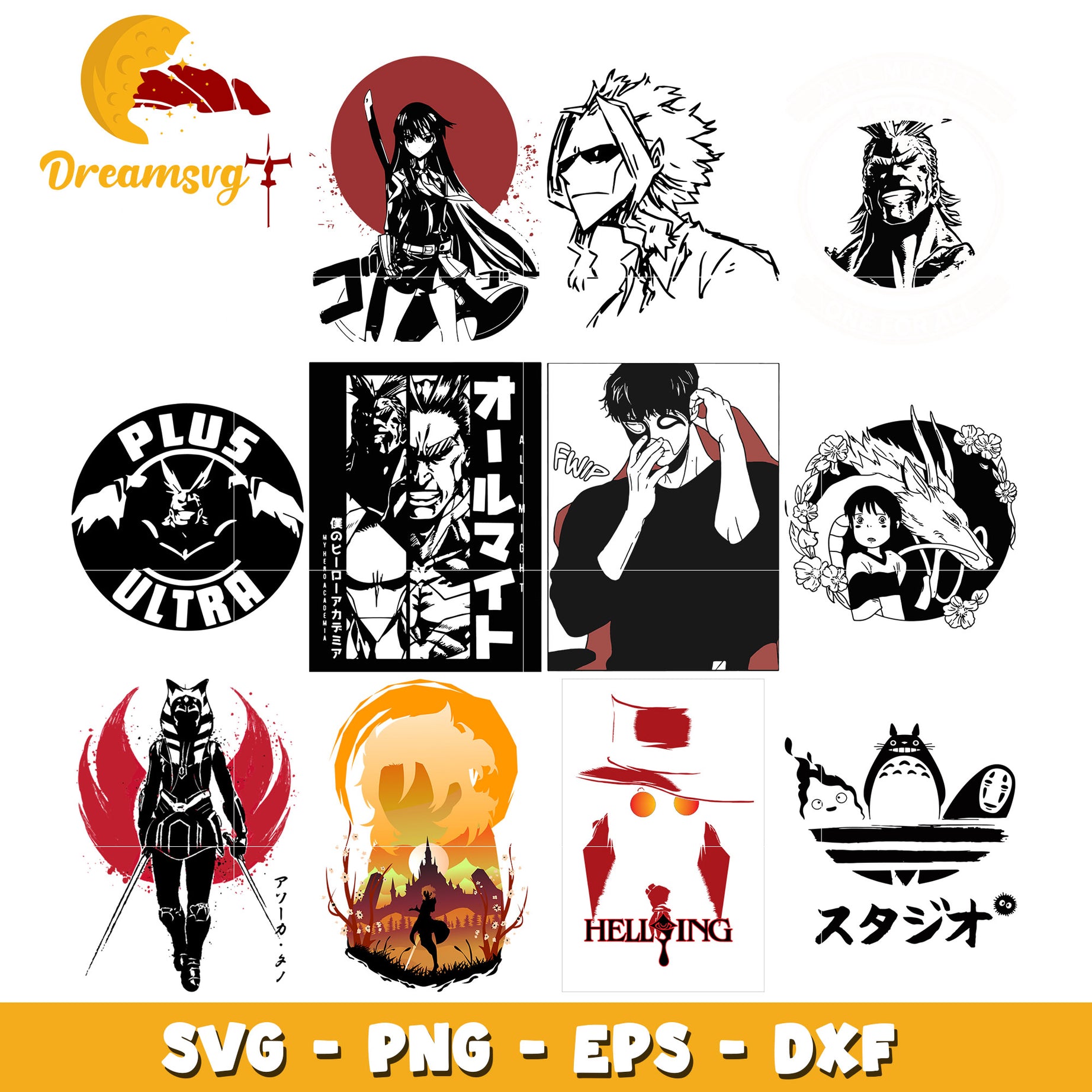 All might character black white bundle svg, anime characters svg