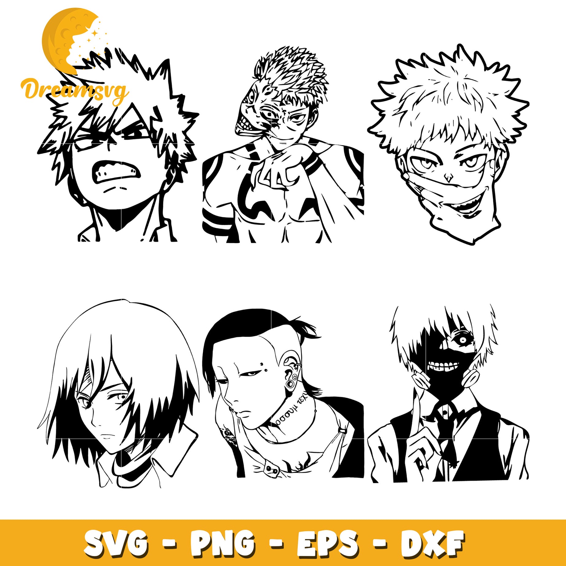 Anime characters black white bundle svg, anime popular svg