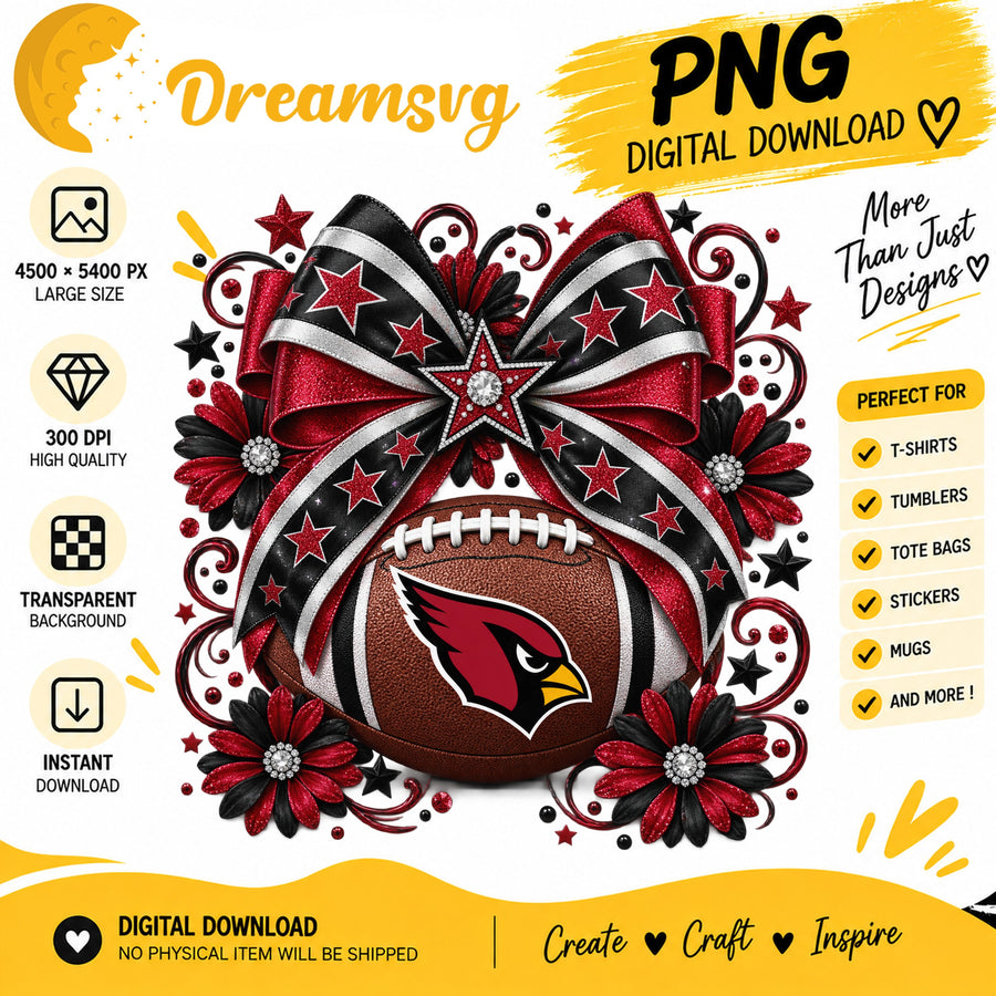 Arizona Cardinals Coquette Bow Glitter Floral Football PNG
