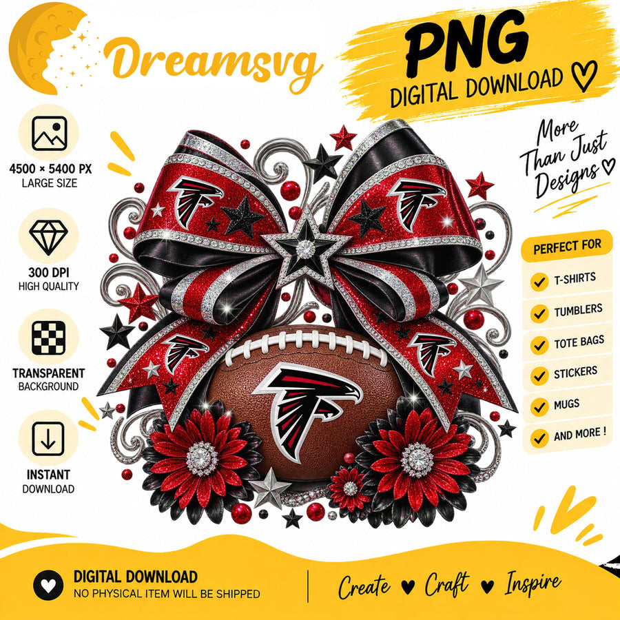 Atlanta Falcons Coquette Bow Glitter Floral Football PNG