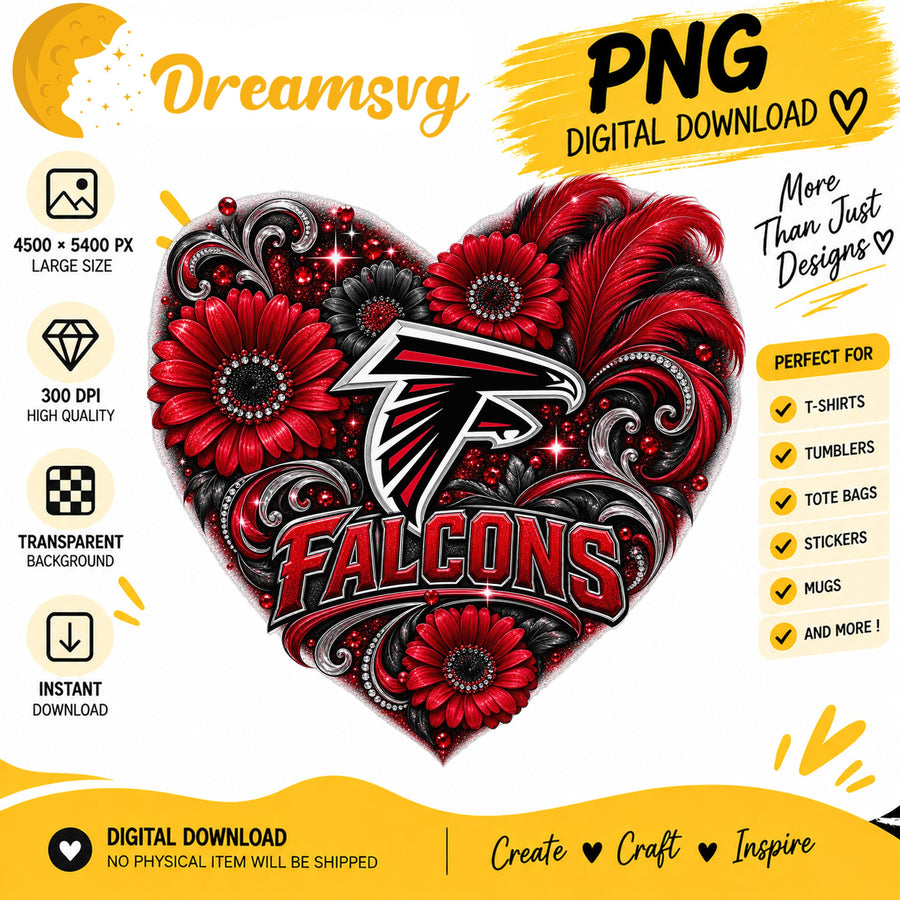 Atlanta Falcons Floral Heart NFL Football Sublimation PNG