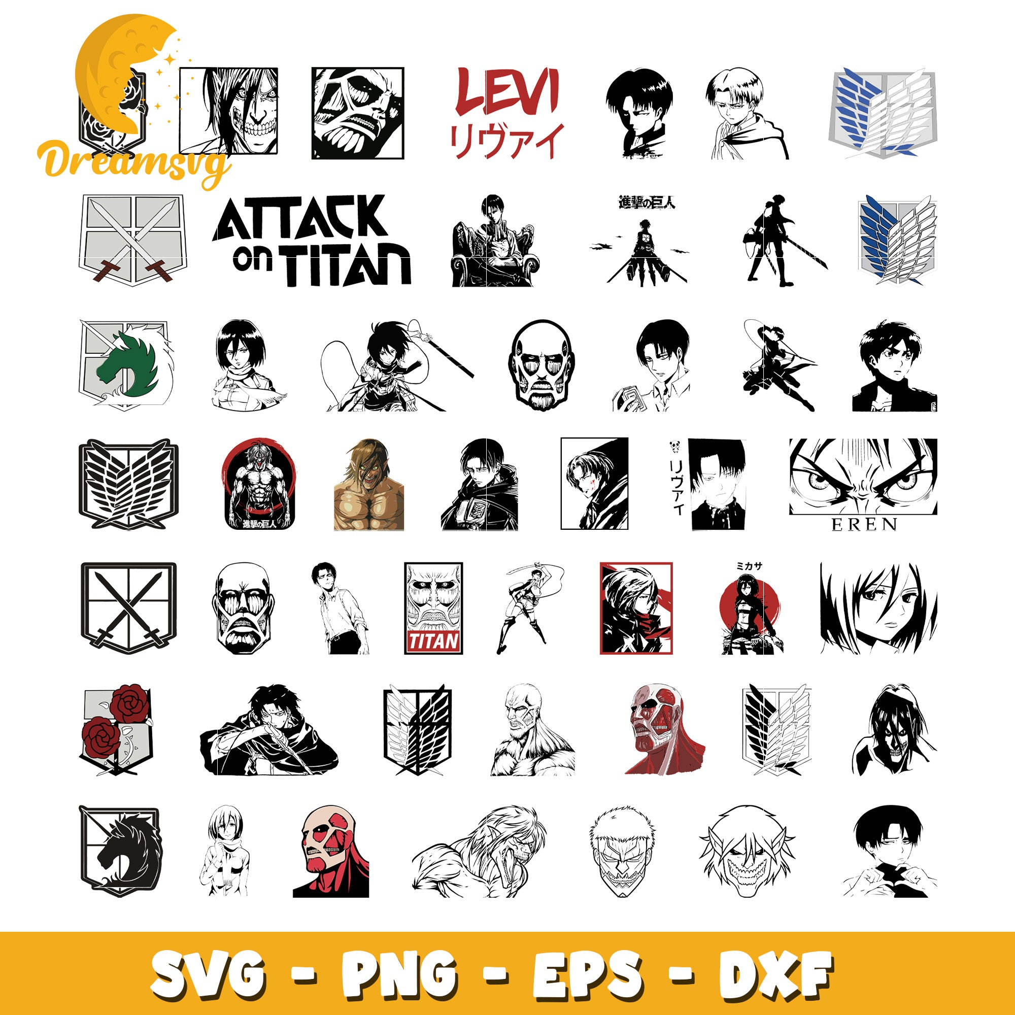 Attack on titan characters black white bundle svg, attack on titan​ svg