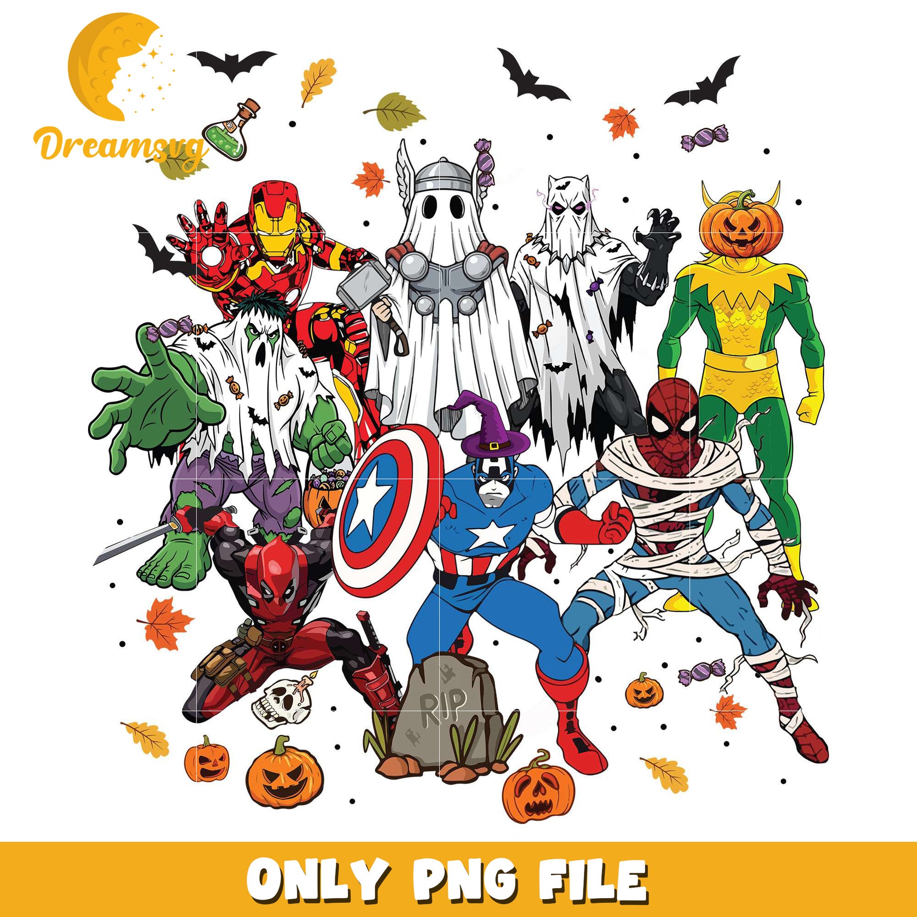 Avengers halloween design png, costumes in halloween​​​​ png, spooky season png