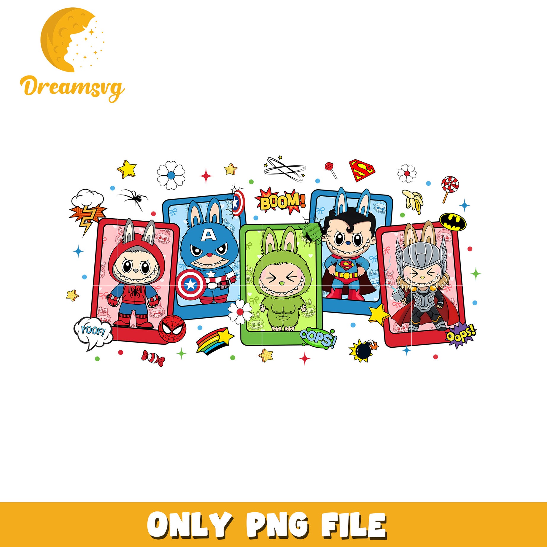 Avengers picture frame labubu png, popmart labubu png, cute labubu png