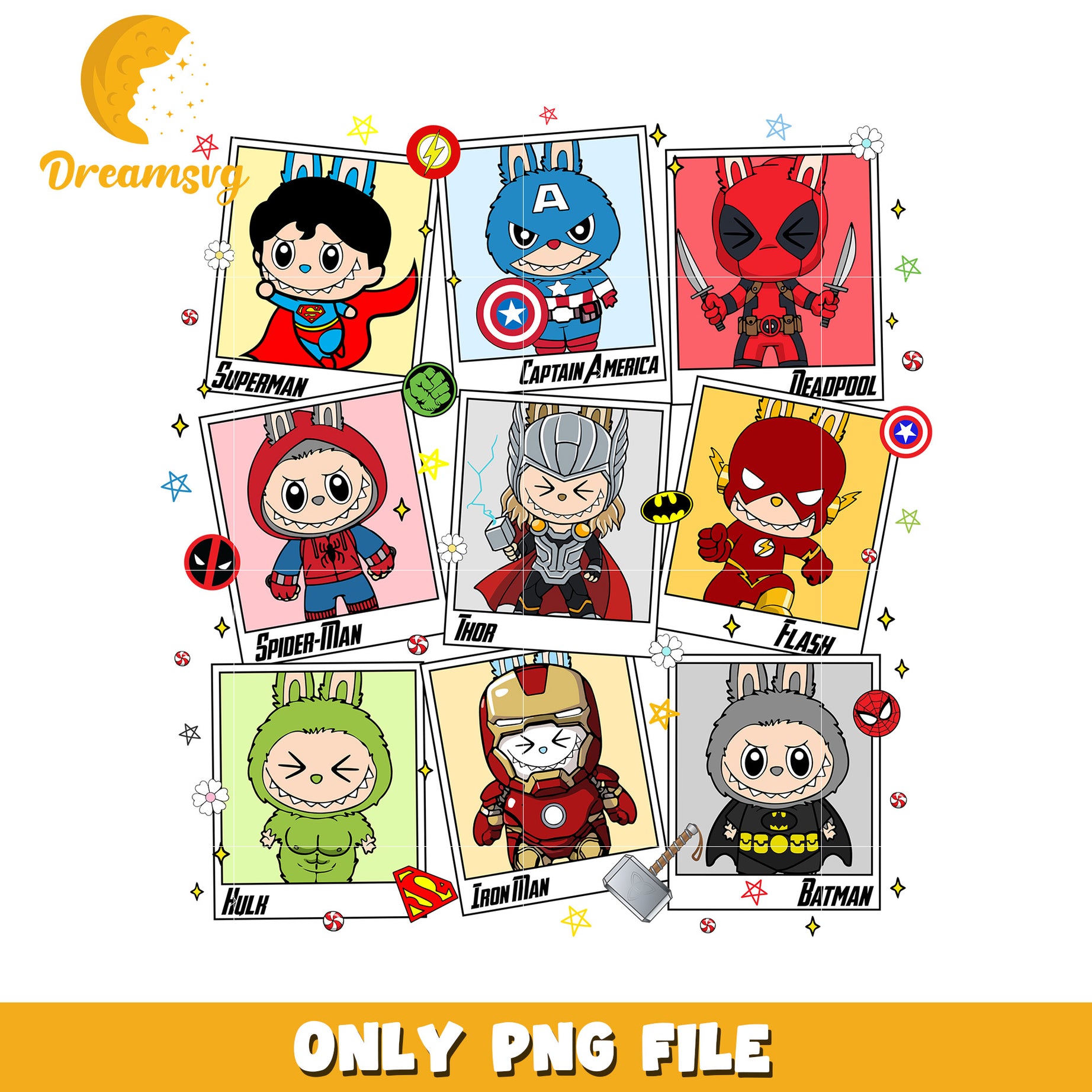 Avengers team labubu png, labubu candy png, labubu toys png