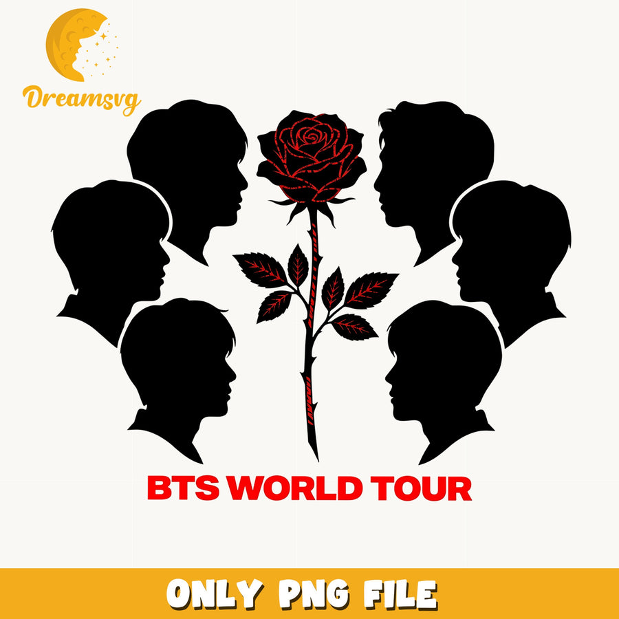 BTS World Tour PNG, Kpop Band Silhouette PNG, Rose Design PNG