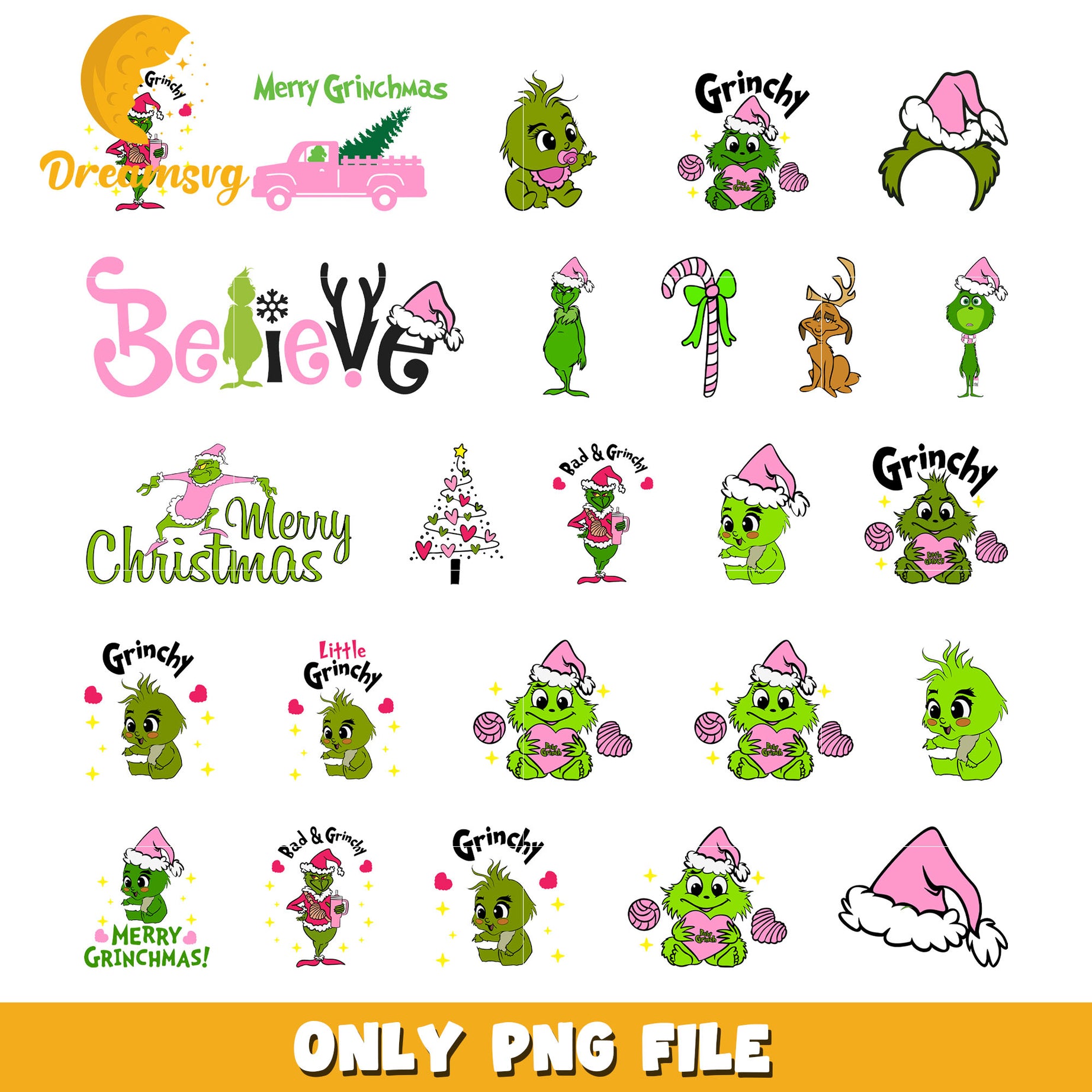 Cute grinch merry christmas pink bundle png, grinch cute​ png