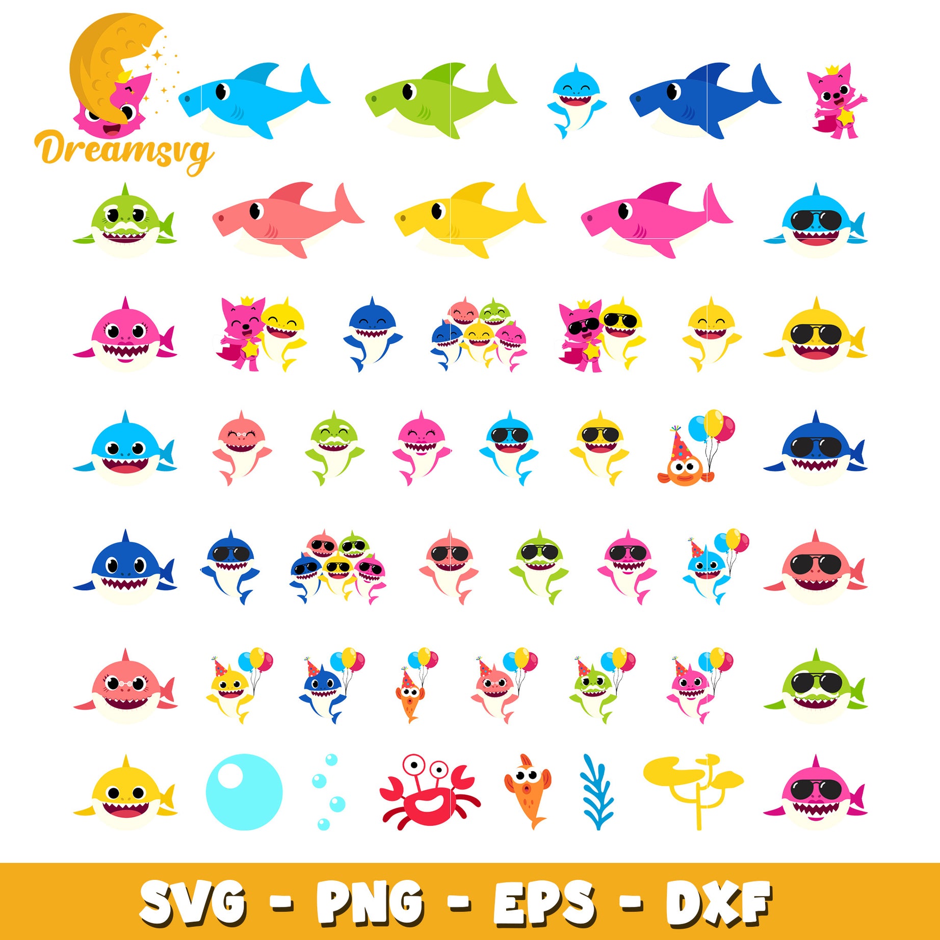 Cartoon baby shark glasses design bundle svg, baby shark characters​ svg