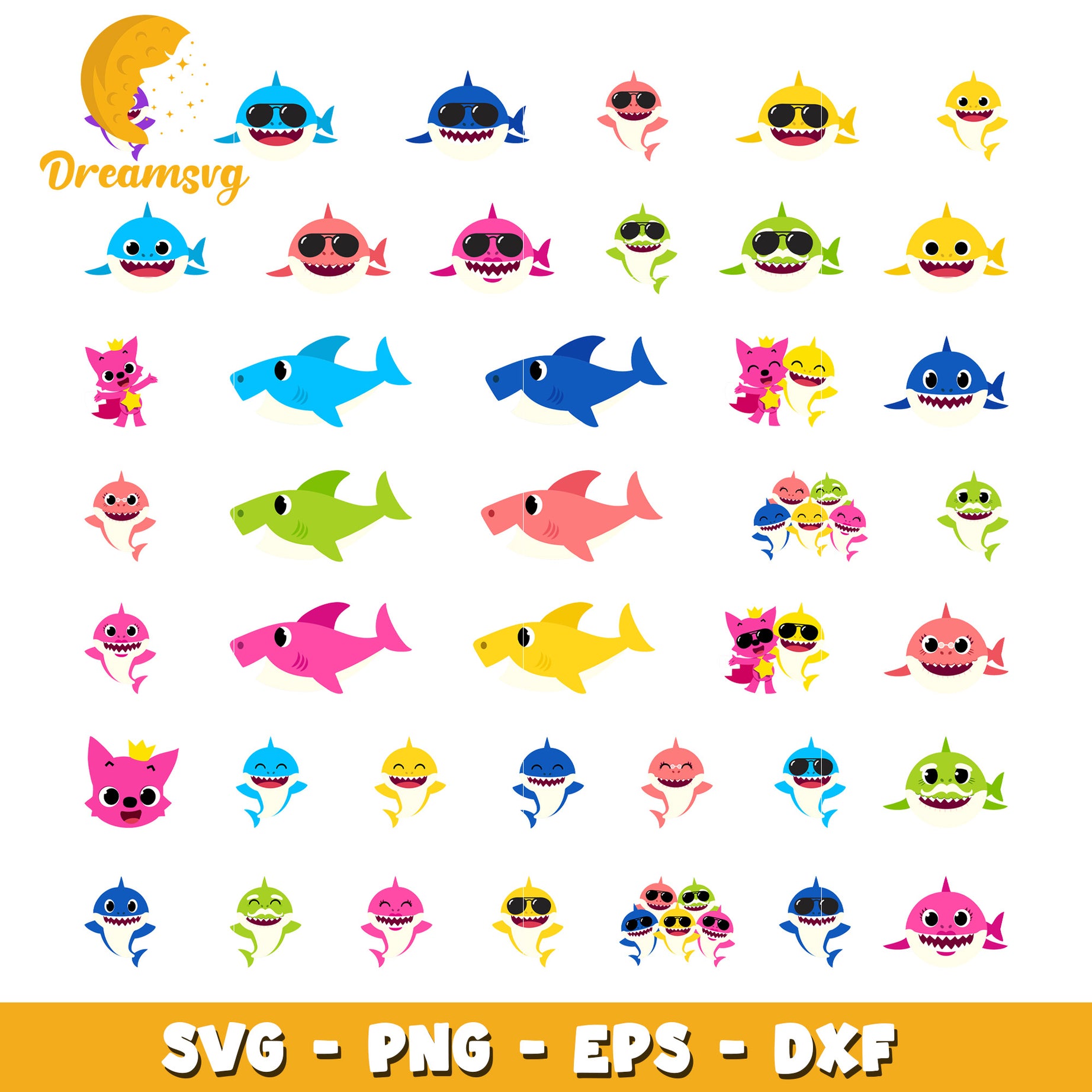 Baby shark characters glasses design bundle svg, baby sharks​ svg