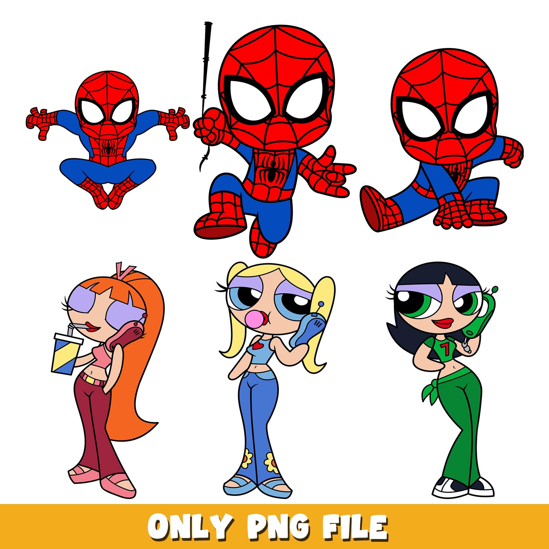 Powerpuff Girls and Spiderman bundle png, cartoon png 