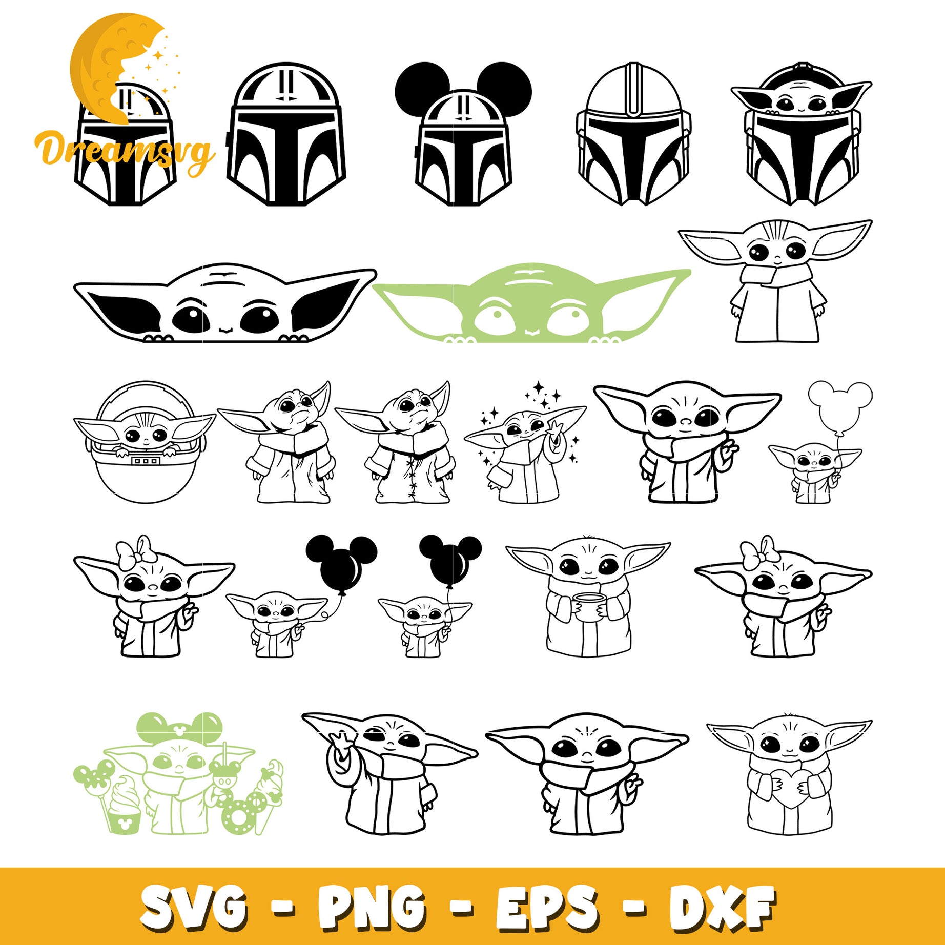 Baby yoda outline design bundle svg, cute baby yoda​ svg