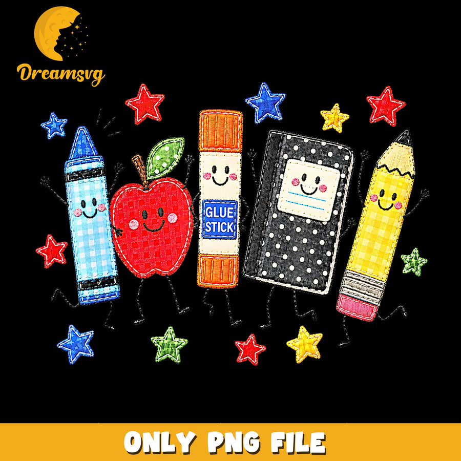 Back To School Supplies Applique PNG, Cute Crayon Apple, Teacher PNG
