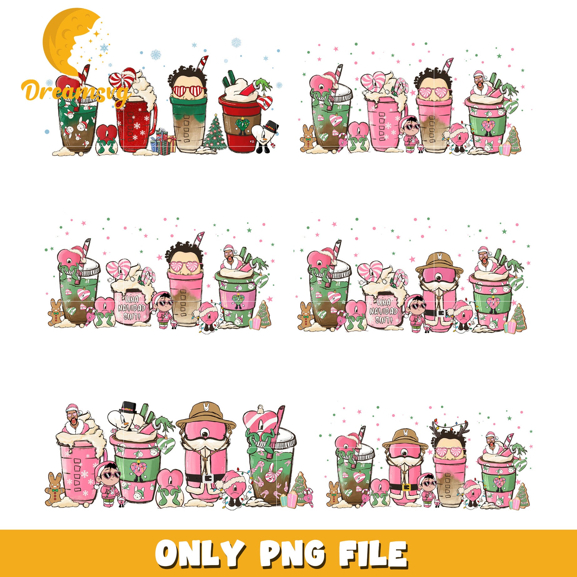 Bad bunny coffee cup christmas bundle png, bad bunny christmas png