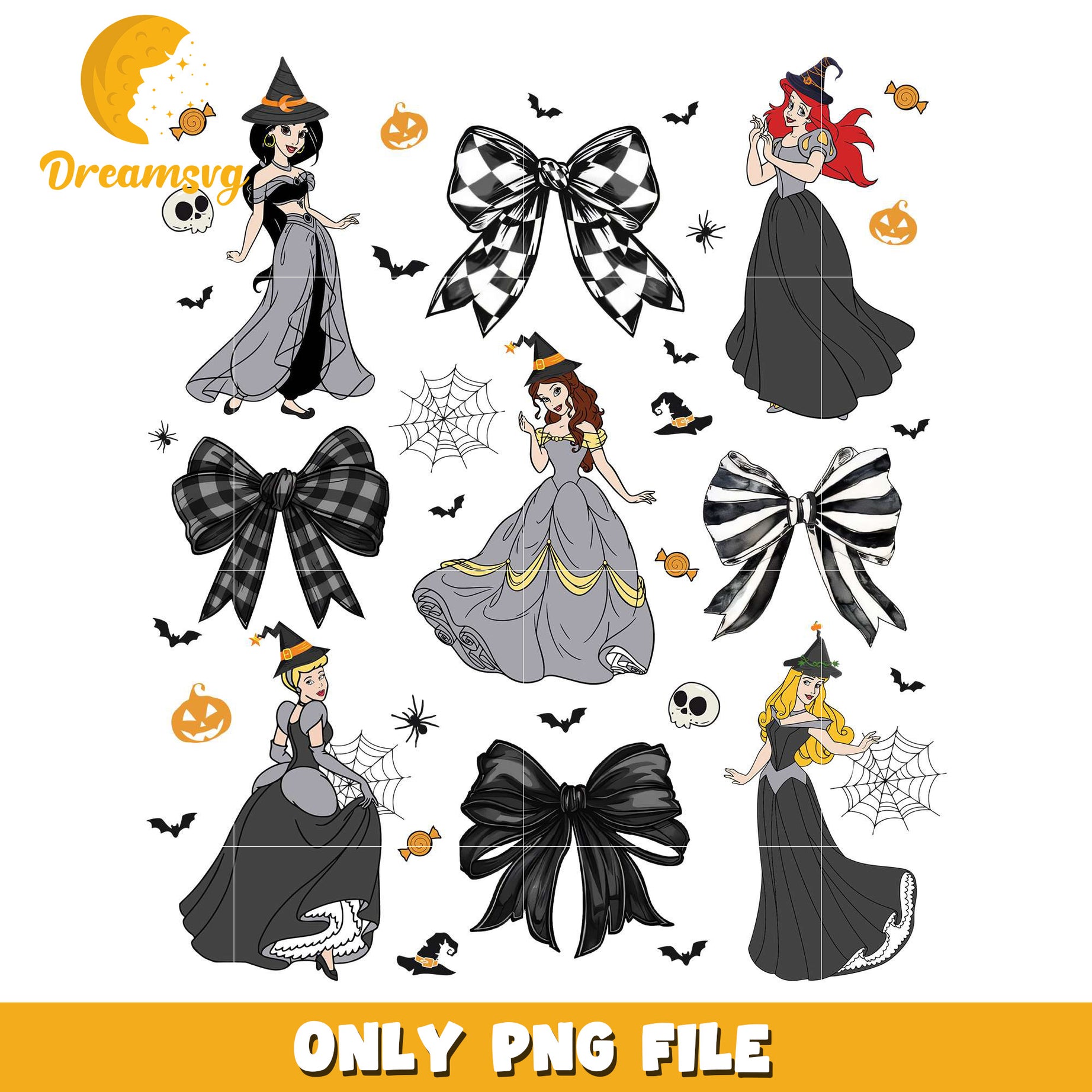 Balck dress princesses png, halloween characters​ png, halloween design png
