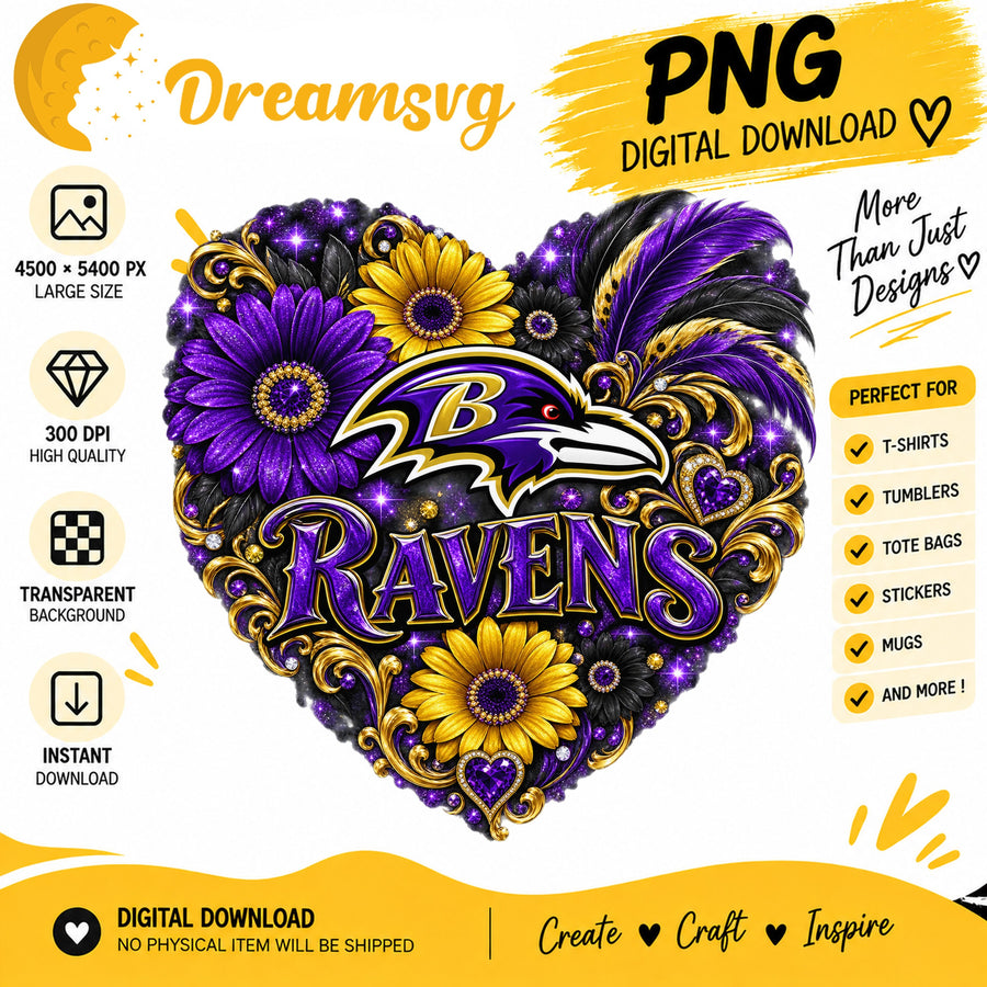 Baltimore Ravens Floral Heart NFL Football Sublimation PNG
